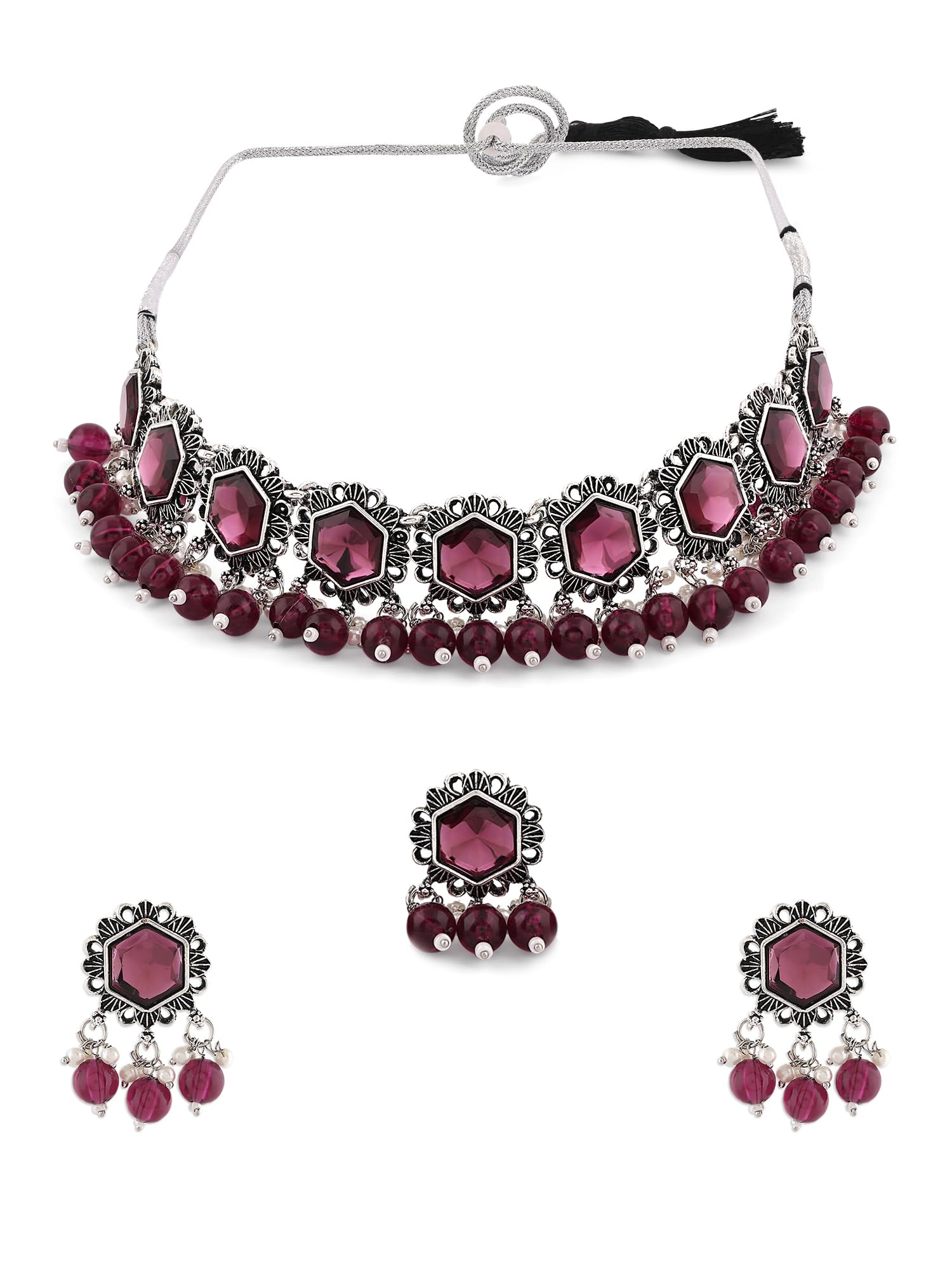 ZAVERI PEARLS Pink Stones & Beads Oxidised Choker Necklace Earring & Ring Set For Women-ZPFK16569 (B0CKHY7YG1) Amazon Price History, Amazon Price Tracker