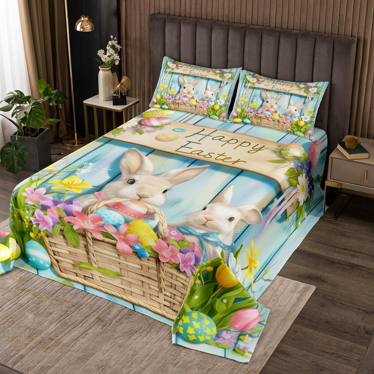 Homewish Easter Rabbit Bedspread Queen Size,Happy Easter Spring Garden Bedding Set for Kids Boys Girls Room Decor,Easter Egg Flower Quilt 3Pcs,Rustic Blue Barn Stripes Coverlet Set,2 Pillowcases