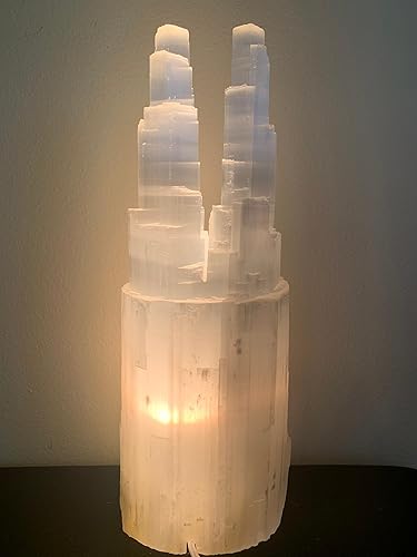Miniatura 3 de Lámpara de rascacielos doble de selenita, lámpara de selenita de dos torres, lámpara de torre doble de cristal curativo blanco natural, lámpara de