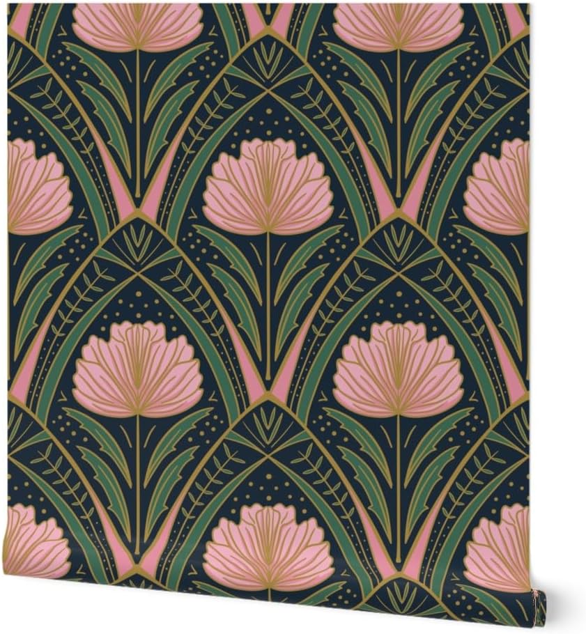 Spoonflower Peel & Stick Wallpaper 3ft x 2ft - Art Deco Peony Dark Blue Pink Green Floral Abstract Botanical Nouveau Custom Removable Wallpaper