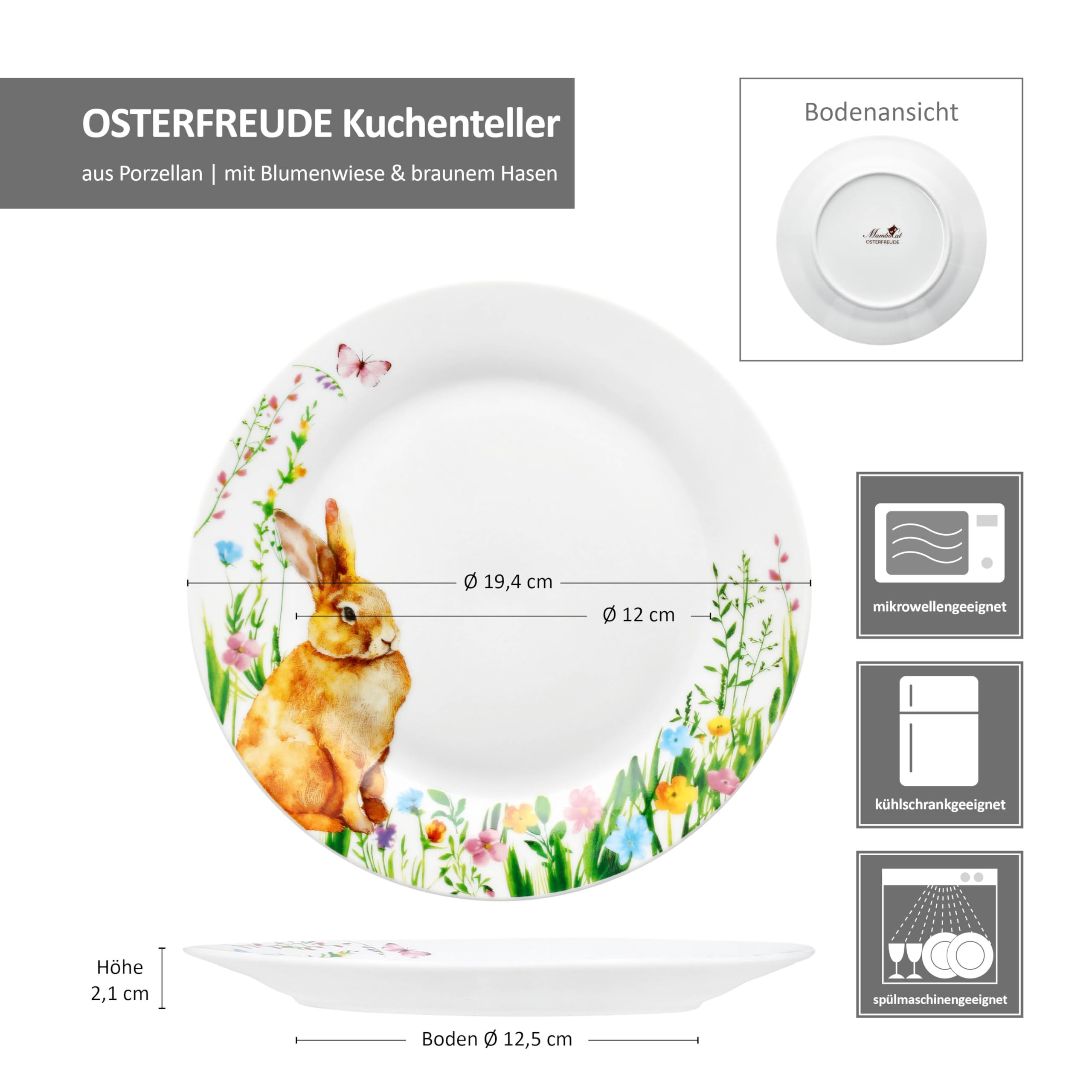 MamboCat Osterfreude Lot de 6 assiettes à gâteau I Diamètre 19,4 cm I Assiettes à petit-déjeuner en porcelaine printanier avec décor lapin de Pâques pour 6 personnes I Petites assiettes pour salade,