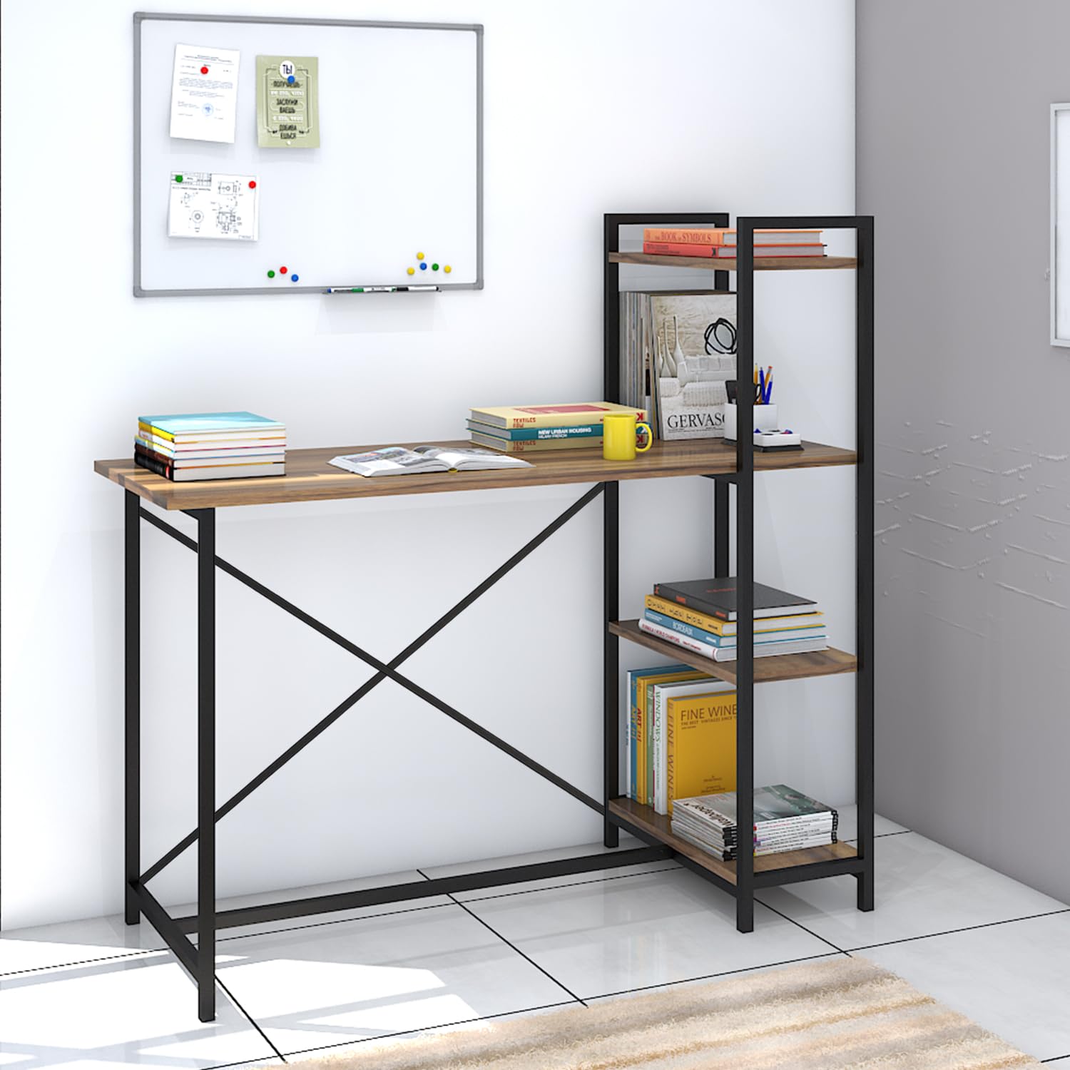 Klaxon ISA Wood & Metal Finish Study Table | 1 Year Warranty | Study Table for Students/Adults, Computer Table, Office Table, Engineered Wood Desks with Open Shelves (Asian Walnut & Black)