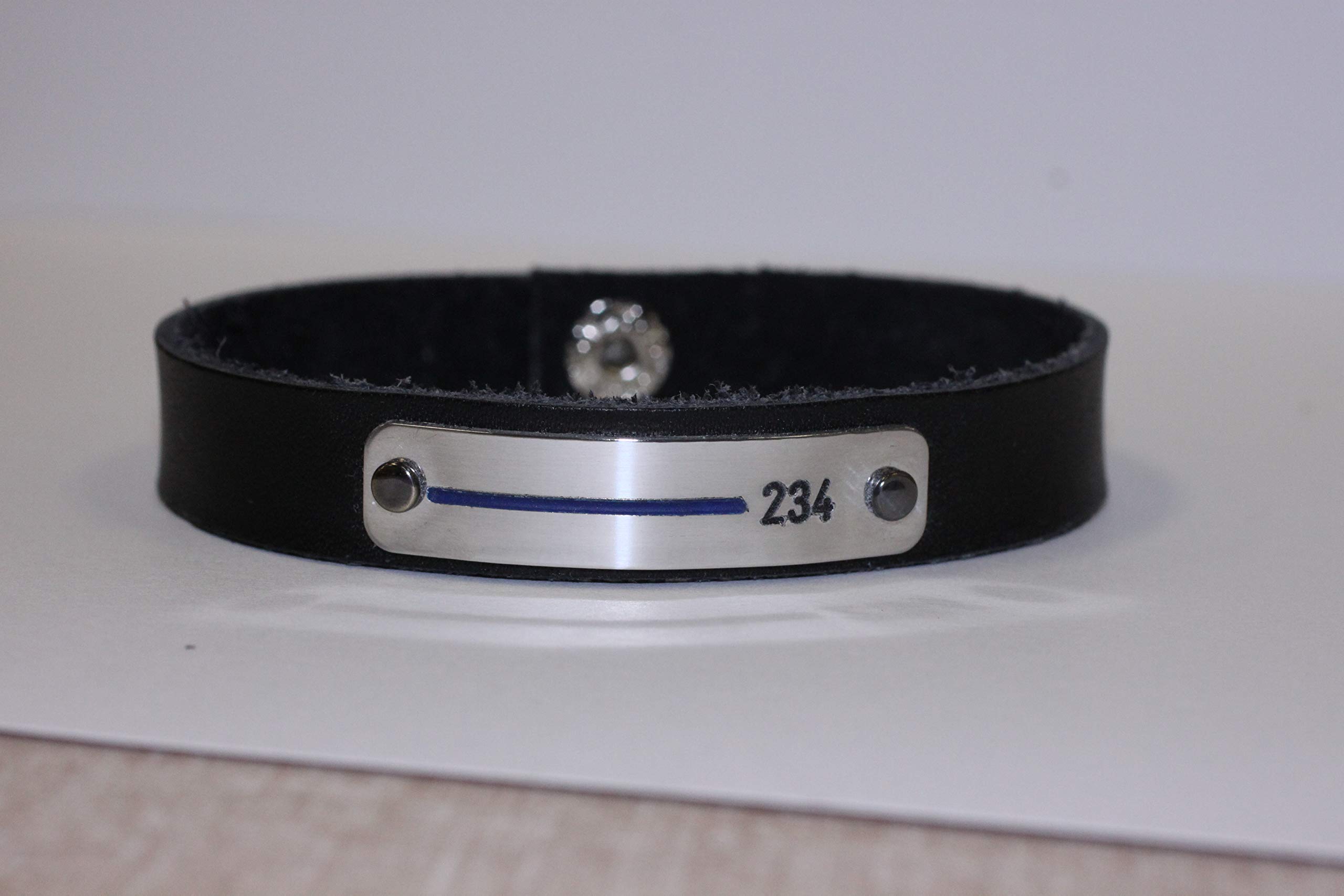 Silverado JewelryThin Blue Line Men's Black Leather Bracelet Personalized