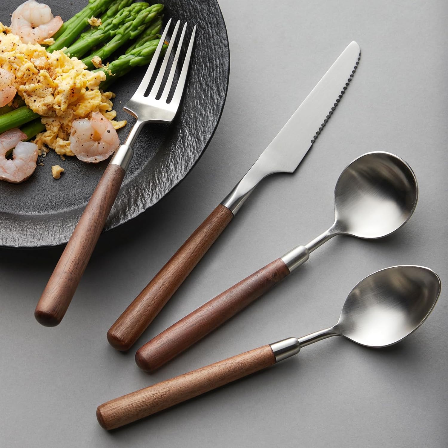 32 Piece Silverware Set for 8, 18/8 Stainless Steel wooden silverware set, Mirror Polished square handle silverware Cutlery Set, Includes Spoons Forks Knives tableware set, Dishwasher Safe