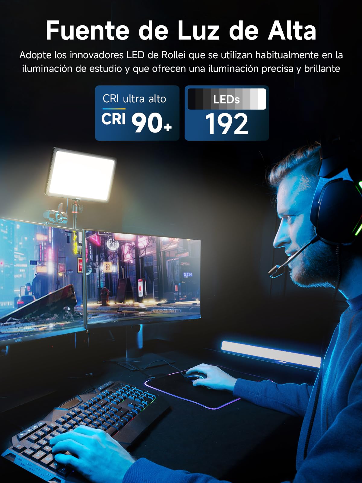 Foco de Luz, Rollei Lumis Key Light Pro Video Luz CRI 90+ Luces Streaming | 2500-9000K con LED Panel Iluminacion para Youtube TikTok Transmisión en Vivo Conferencia Fotografia Luz-Foco-Streaming-light
