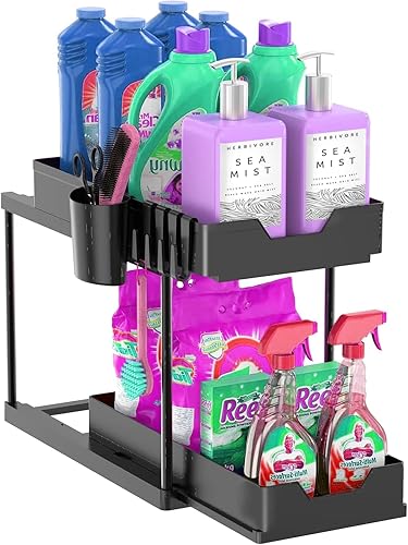 Organizador de baño para debajo del fregadero, organizador de 2 niveles para debajo del fregadero Kicthen con ganchos, taza colgante, divisores,