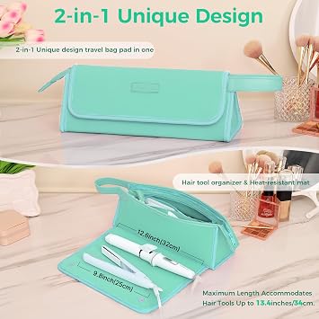 JKAOO Hair Tools Travel Bag and Heat Resistant Mat, Blue-Green