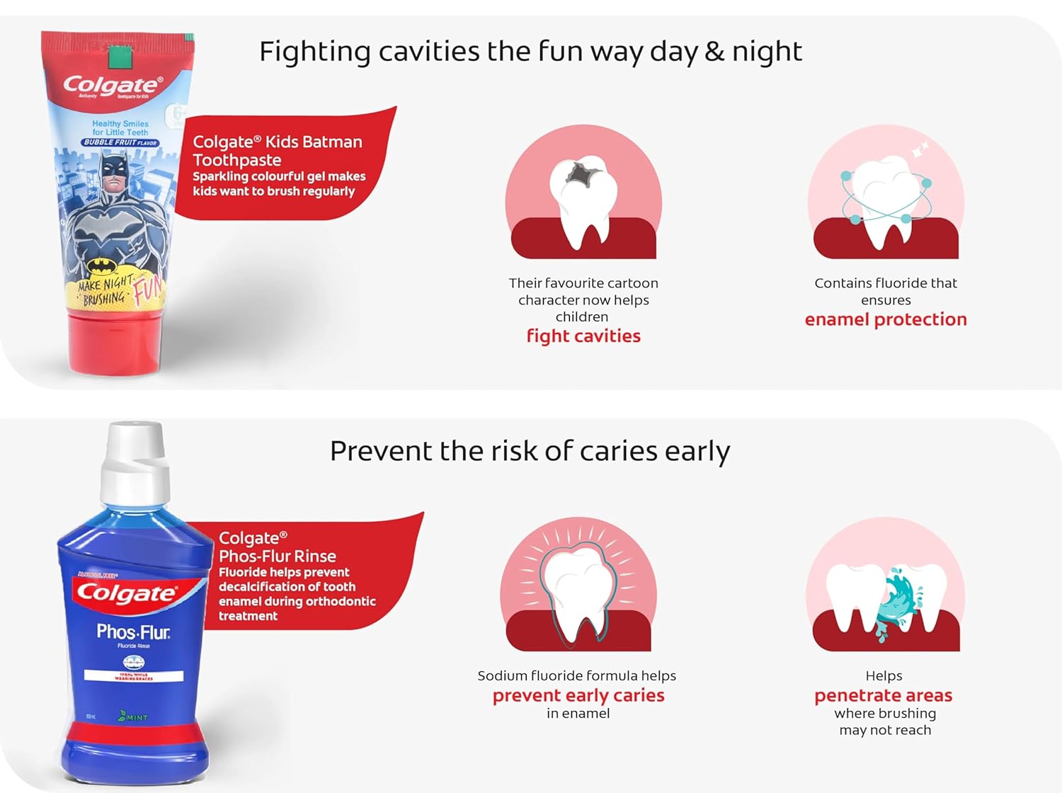 Colgate Kids Complete Dental Care Batman Anticavity Toothpaste 80g and PhosFlur Mint MouthWash 500ml with BatmanToothbrush Extra Soft with Tongue Cleaner for Children Above 6 Years