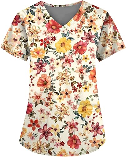 AMEGASOON Camiseta médica para mujer, diseño de dibujos animados, cuello en V, manga corta, linda, elástica, con bolsillos