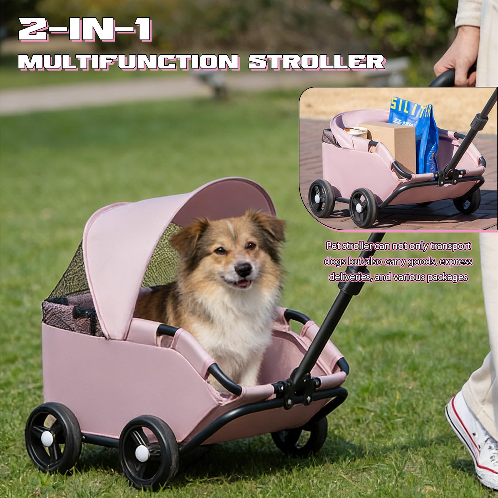 Chariot pour chien pliable à 4 roues avec barre pivotante à 360 ° - Chariot pour chat avec visière - Mini poussette pour animaux de compagnie - Tissu Oxford 600D (rose)