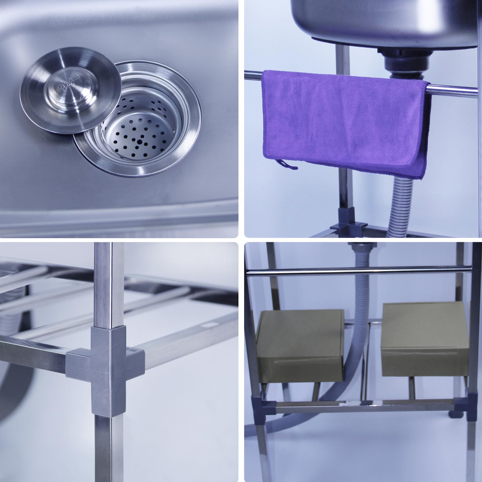 Évier sur pied en acier inoxydable - 1 bac avec robinet et accessoires de drainage - Évier commercial pour buanderie, ferme, évier intérieur et extérieur, facile à nettoyer