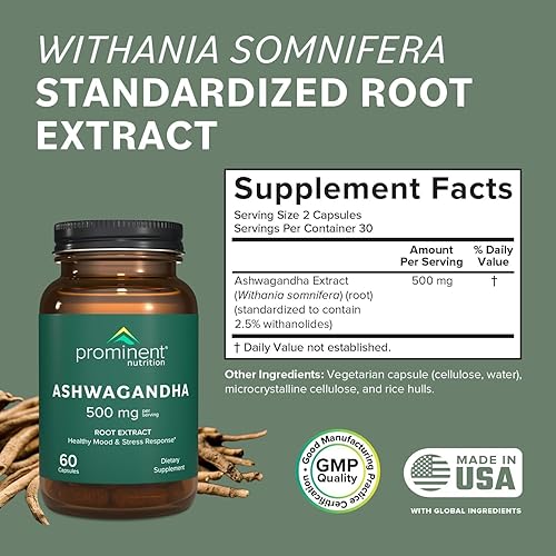 Vista 2 de Prominent Nutrition Suplemento Ashwagandha – Extracto de raíz de Shagandha clínicamente investigado para un estado de ánimo saludable y apoyo al