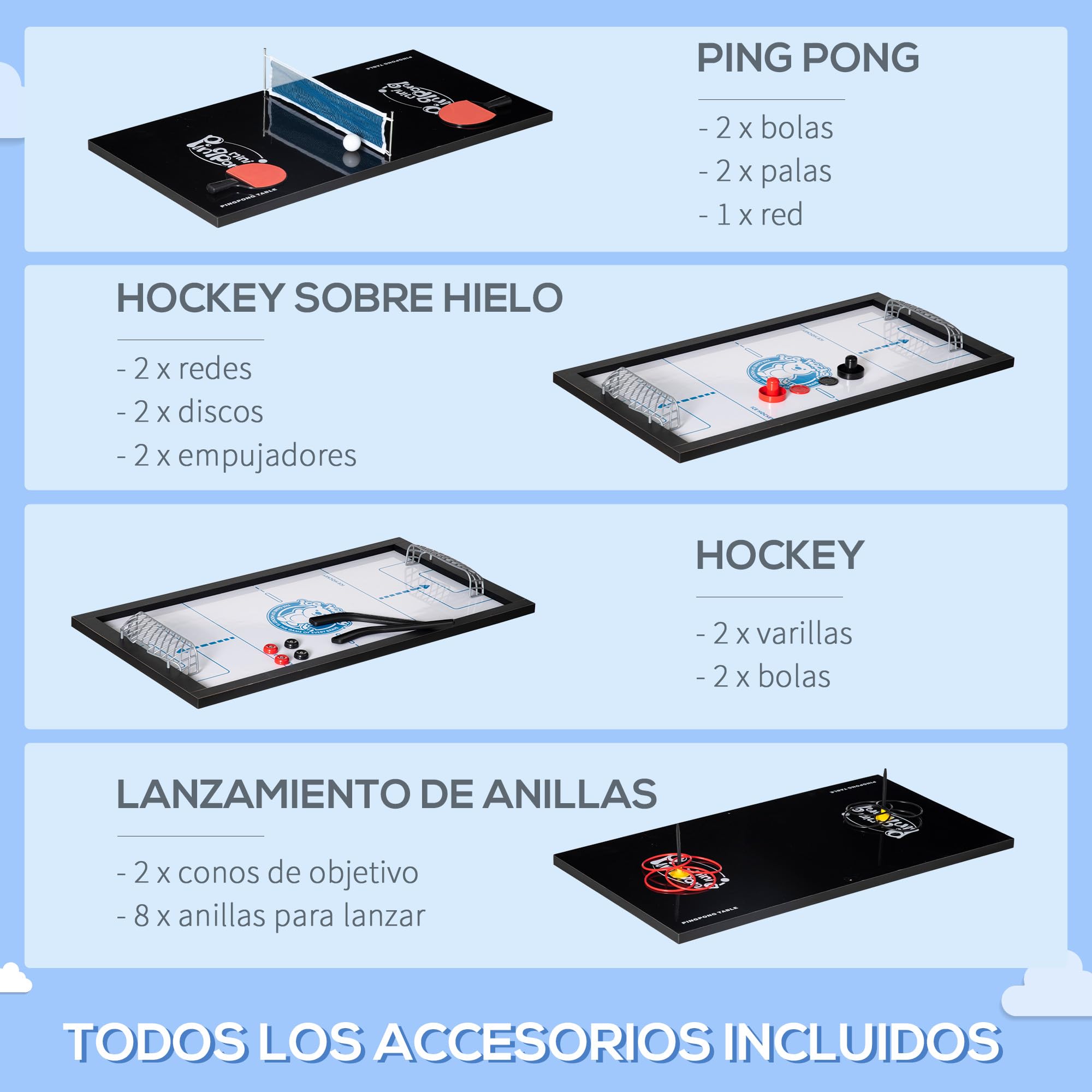HOMCOM 6 en 1 Mesa Multijuegos para Niños de 7+ Años con Ruedas Mesa de Billar Ping Pong Futbolín Aro de Lanzamiento Hockey sobre Hielo Aire Hockey para Hogar Familia 120x88x79 cm Negro y Gris