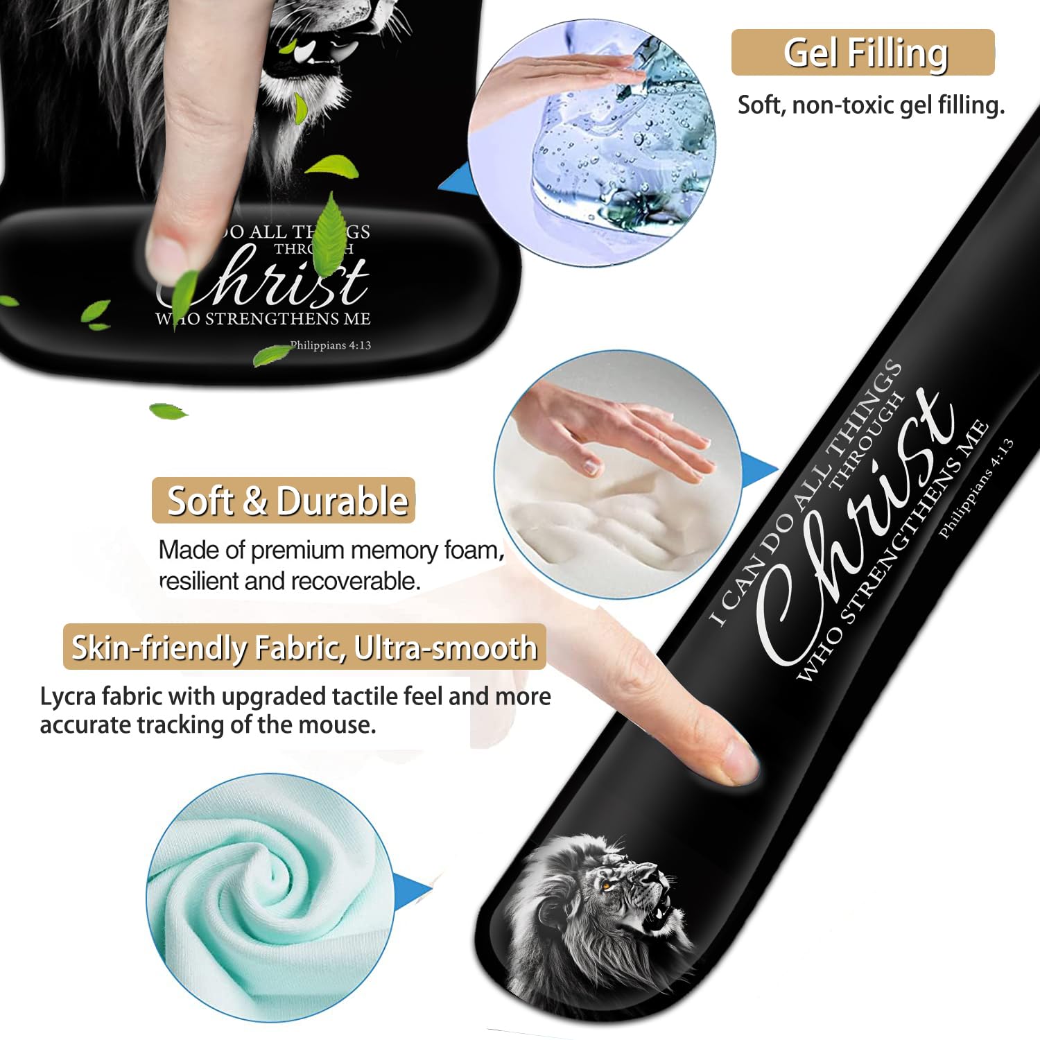 Tappetino per mouse nero con supporto ergonomico per il polso e poggiapolsi in memory foam, base antiscivolo in gel PU, poggiapolsi per tastiera, per casa, ufficio, gaming, scrivania, fierce Lion