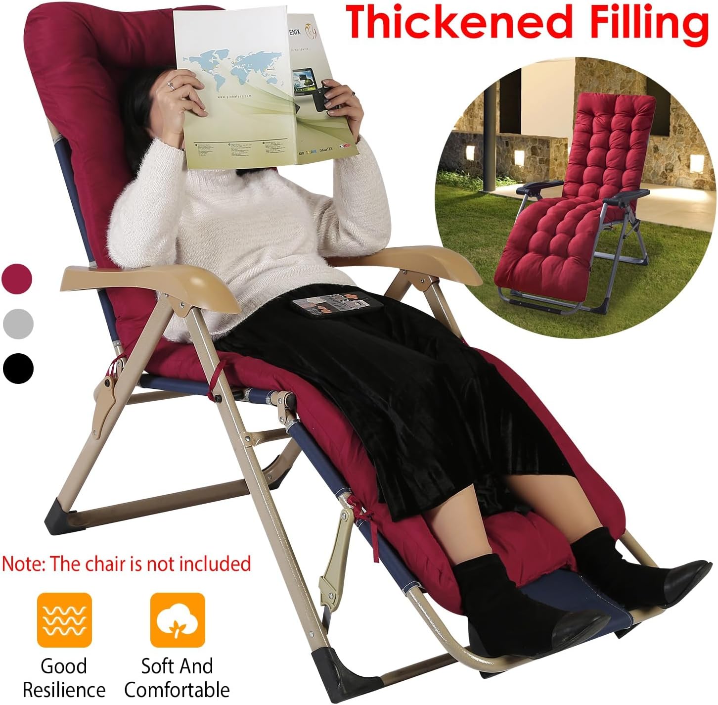 Outdoor Lounge Chair Cushions Long Lounger Chaise Chair Cushion Patio Recliner Thickened Cushions Mat for Indoor or Outdoor Sofa Rocking Deck Chair Recliner (Red)