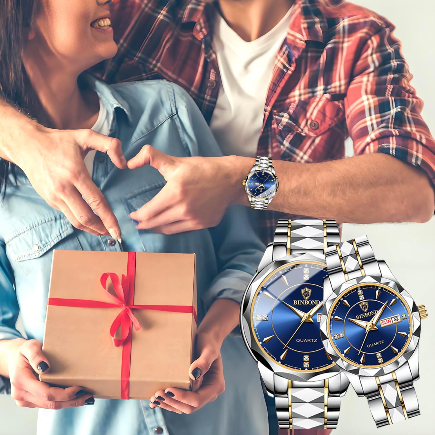 2PCS Valentines Couple Pair Watches Men and Women Luminous Calendar Waterproof Gold Silver Stainless Steel Blue Face his and Hers Watches Set Lovers Set Wedding - Image 6