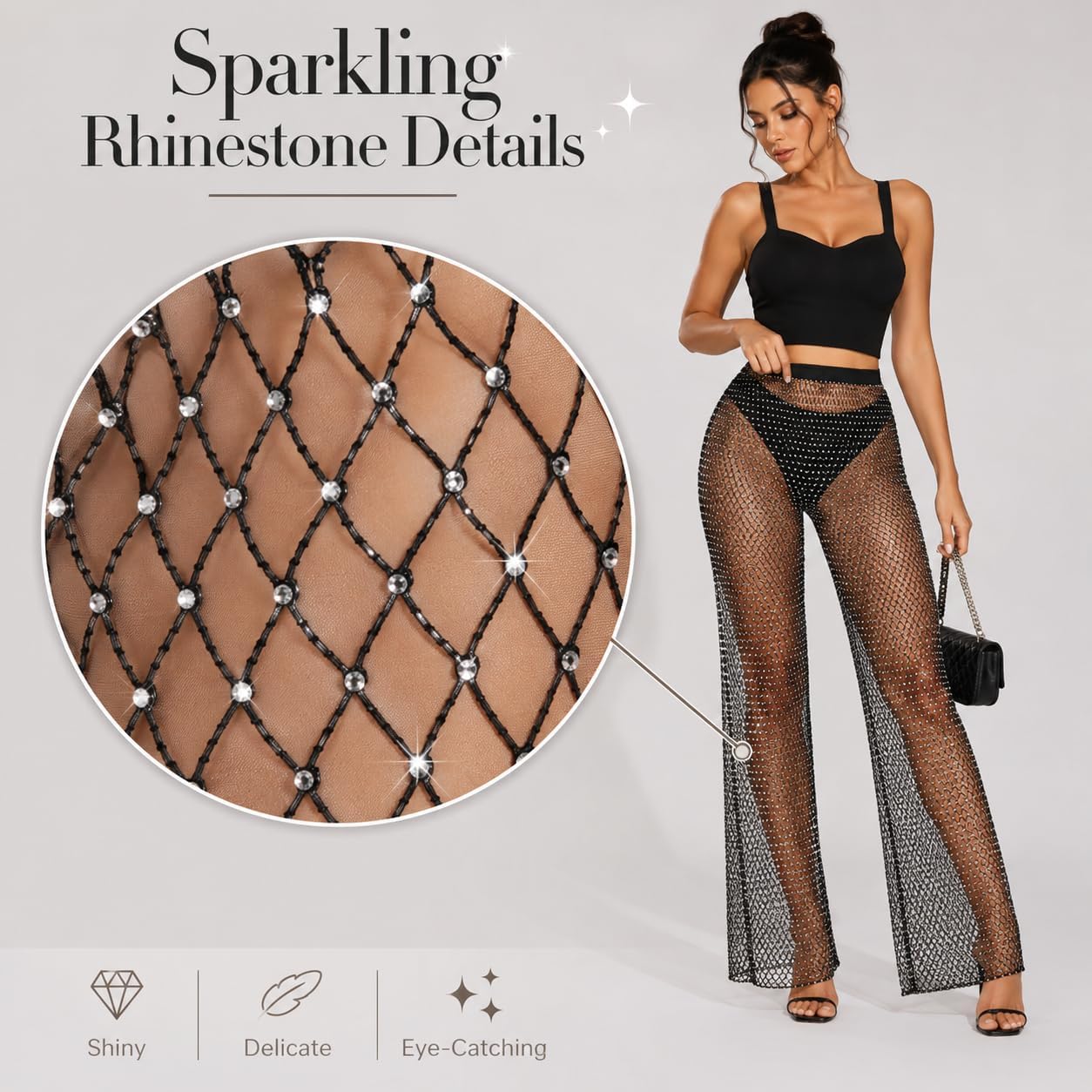Women Crystal Rhinestone Mesh Pants Sheer Hollow Out Fishnet Pants Sparkly Glittery Cover Up for Rave Party Festival Beach