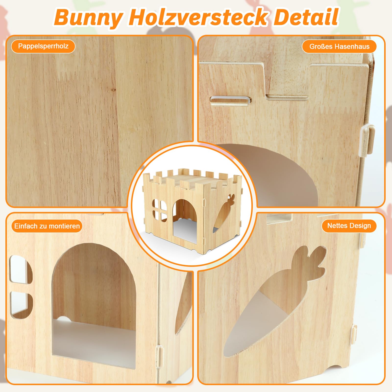 Großes Kaninchenhaus und Verstecke Hölzernes Kaninchen Versteck Schloss Abnehmbares Kaninchen Spielhaus für Indoor erwachsenes Bunny Meerschweinchen Chinchilla Habitat