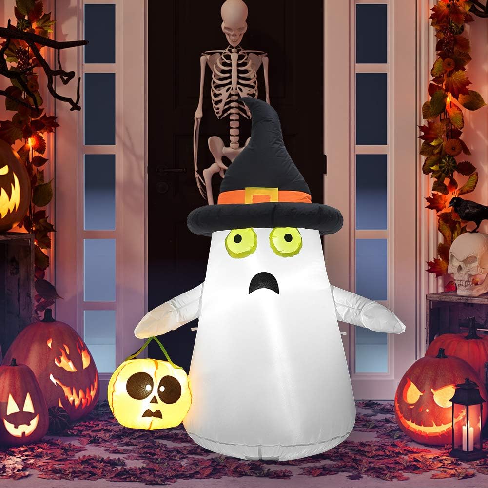 HOLLO STAR 4 Ft Halloween Inflatable Yard Decor, Blow Up Lighted Ghost and Pumpkin, Outdoor Indoor Holiday Decorations with LED Lights for Home Lawn
