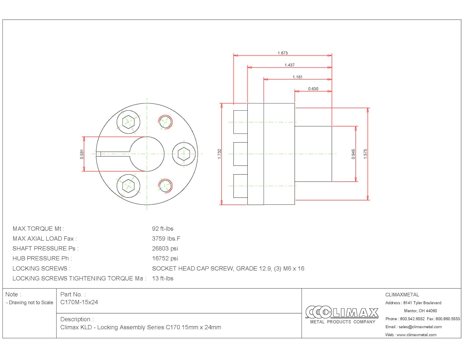 C170M-15X24 Series 170 Locking Assembly, Steel, 0.59" ID, 1.65" Width, 15 mm Shaft Diameter