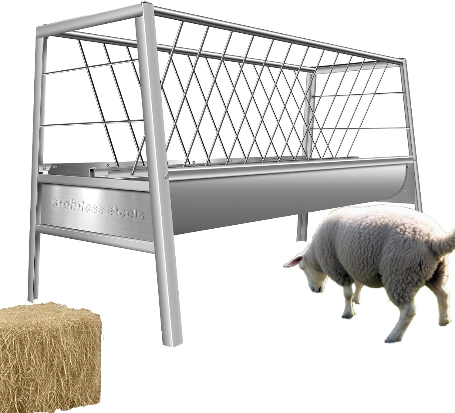 Upgraded 2 in 1 Livestock Pasture Feeder, Premium Stainless Steel Goat Hay Feeder, 5FT Long Feed Horse Hay Feeder with Durable Frame, Hay Rack for Horses,Foal,Cows, Goats