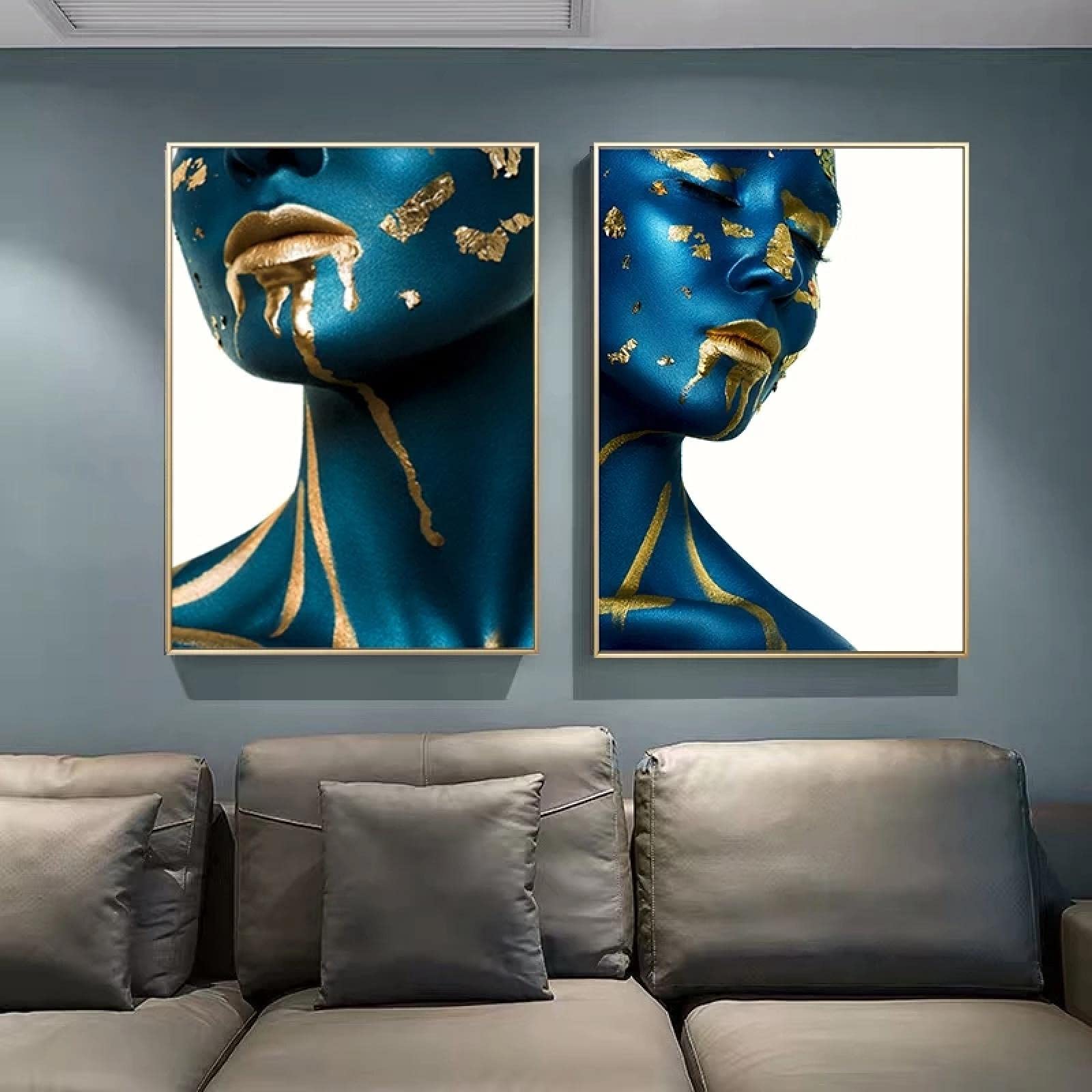 Yooyu Mujer Moderna Azul Retrato Dorado Lienzo Pintura Carteles e Impresiones escandinavo Cuadro de Arte de Pared para decoración de habitación 55x80cmx2 Marco Interno