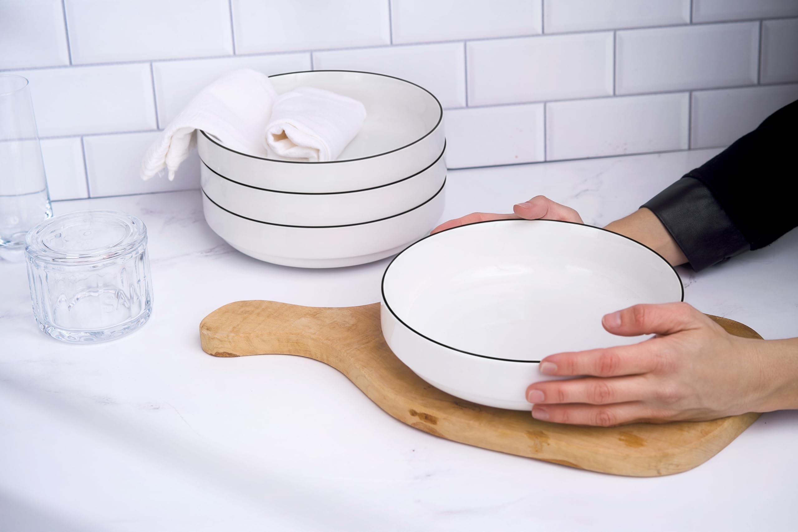 KooK Cuencos grandes de cerámica para pasta, aptos para microondas y lavavajillas, ideales para sopas y ensaladas, cuencos poco profundos, porcelana brillante, 48 onzas, juego de 4, francés