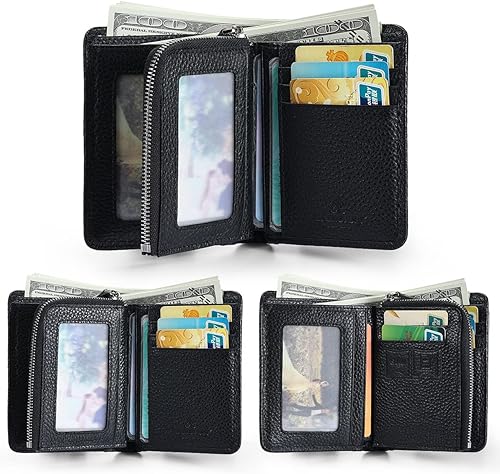 Miniatura 3 de MANBANG Billetera para hombre con cremallera de cuero genuino RFID tarjeteros de piel de vaca con cremallera bolsillo para monedas, carteras