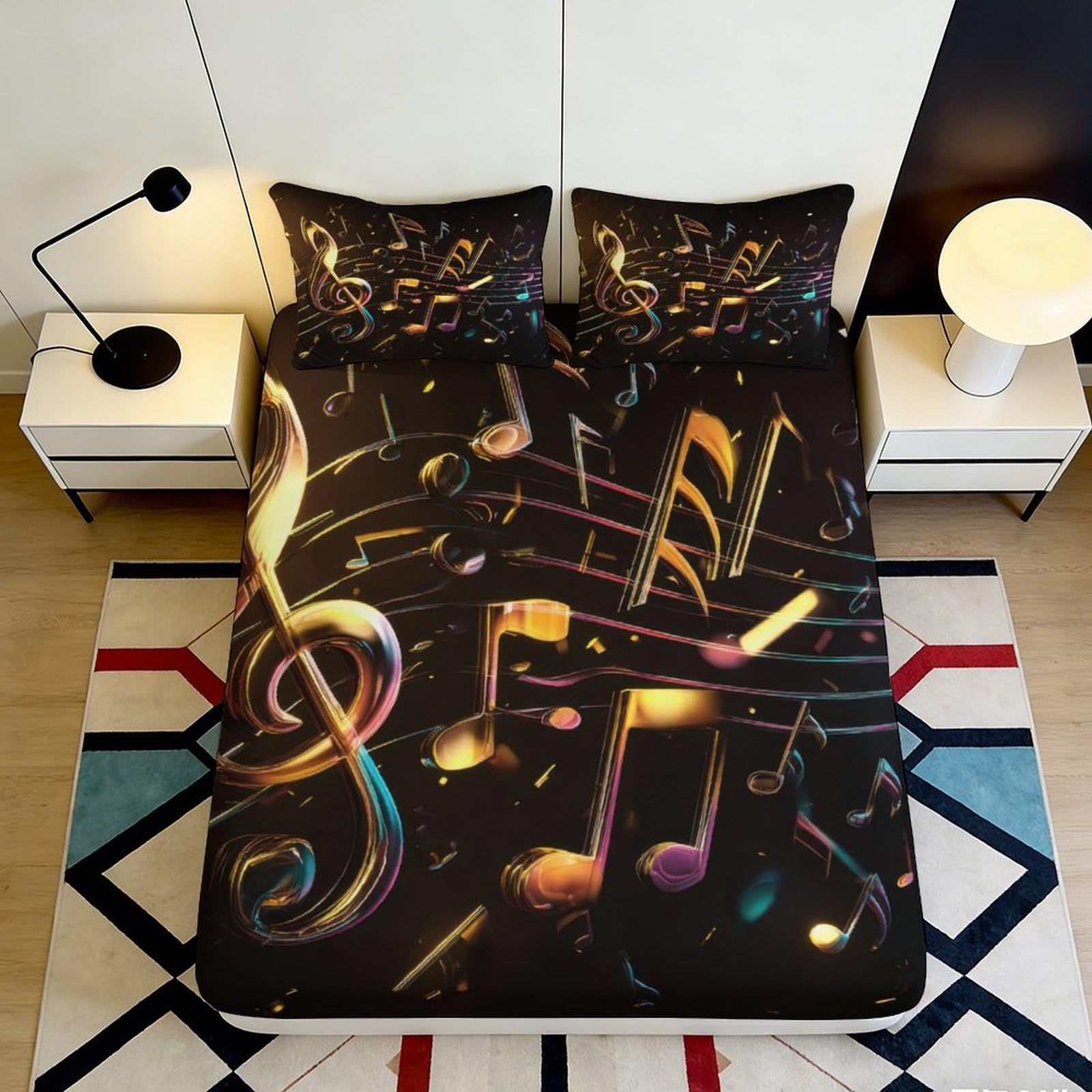 3D Printed Music Notes Fitted Sheet Microfiber Deep Pocket Bedroom Bedding Set Musical Mattress Fitted Cover Non-Slip Washable 90x200x25cm