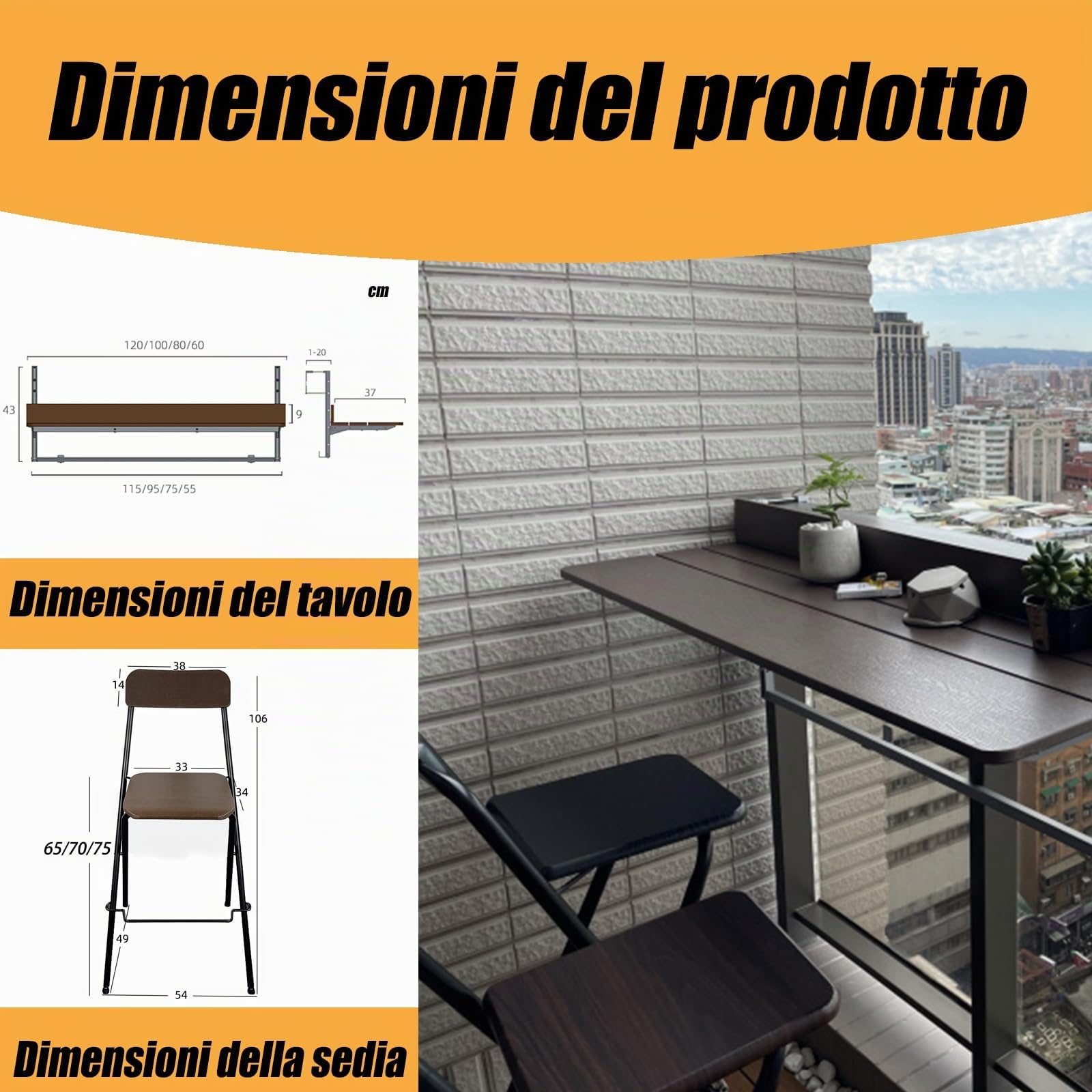 Tavolino da Ringhiera Balcone Pieghevole - Design Salvaspazio, Montaggio Rapido Senza Fori - Lega Alluminio Resistente & Materiale Ecologico per Esterni (Tavolo L 120 x P 37 cm)