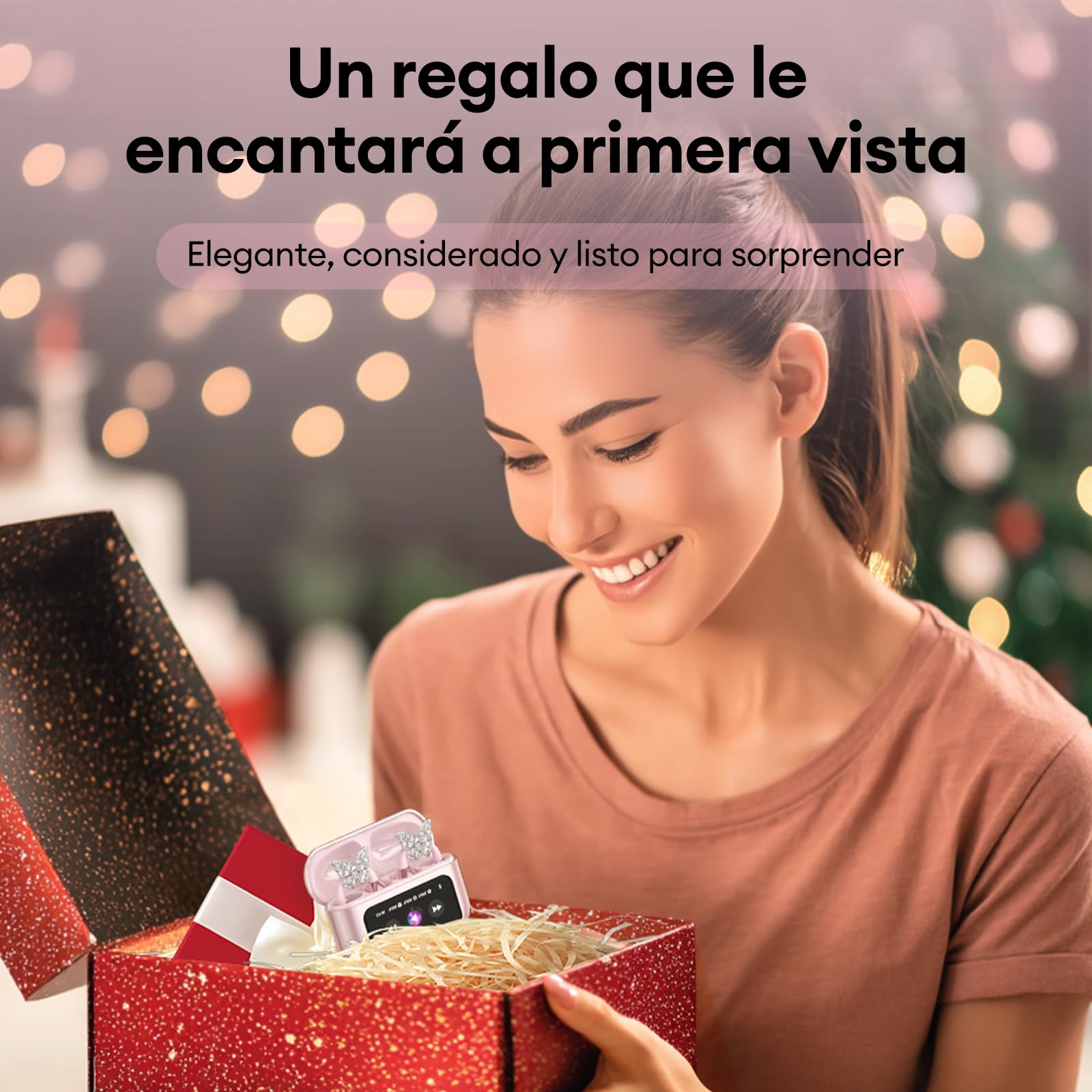 Auriculares Oreja Abierta Inalambricos Bluetooth con Pantalla LED y Decoración de Mariposa, Clip Abierto, Estilo Moderno, Sonido Envolvente, Auriculares Open Ear para Mujeres Elegantes, M100 Rosa