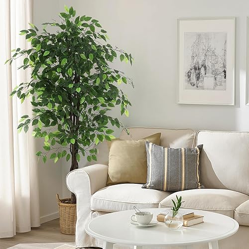 Árboles de ficus artificiales, plantas artificiales de 5 pies con hojas de seda, musgo falso y maceta resistente, árbol de ficus falso para oficina,