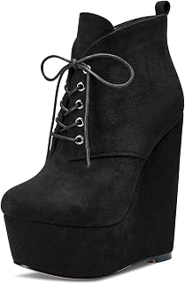Womens Platform Short Bootie Ankle Boots Closed Round Toe High Wedge Heel Lace-up Suede Dress Shoes 6 Inch