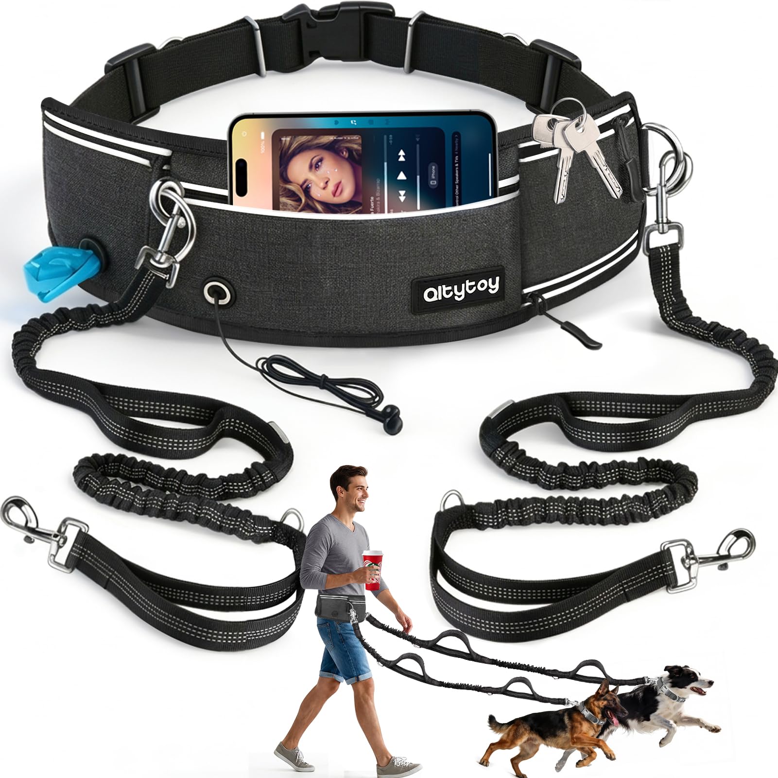 Qltytoy Hands Free Double Dog Lead 108kg Heavy Duty Leash with Bum Bag