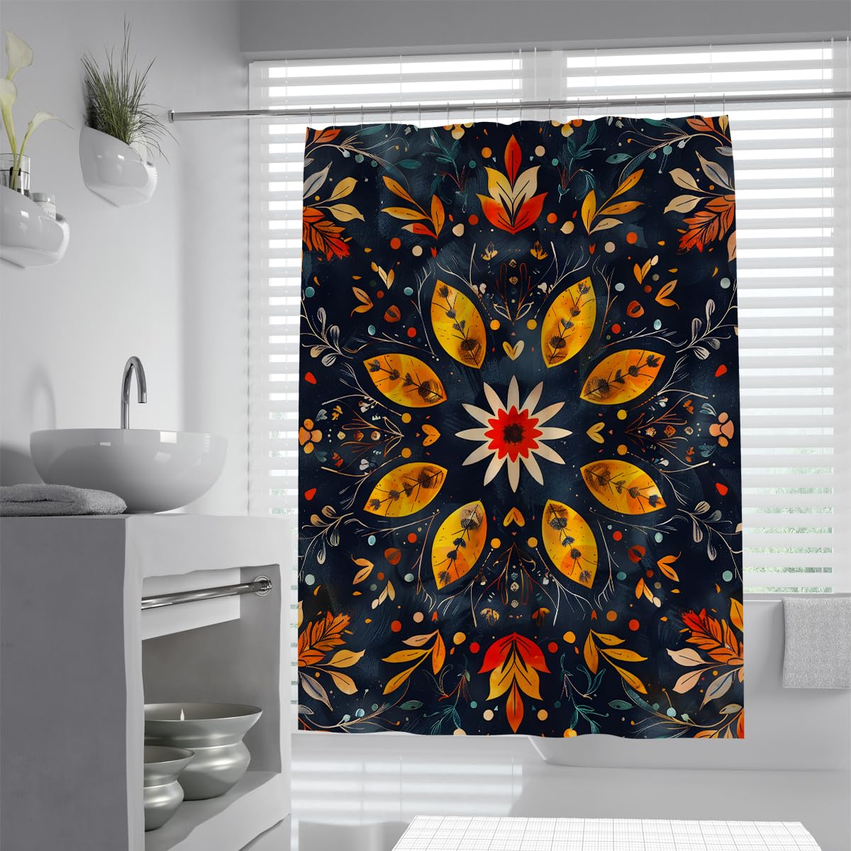 Vintage-Duschvorhang Boho, Moderne Badezimmerdekoration, Herbstlaub und Stern auf dunklem Hintergrund, Duschvorhänge, wasserdicht, waschbar 180 x 180 cm