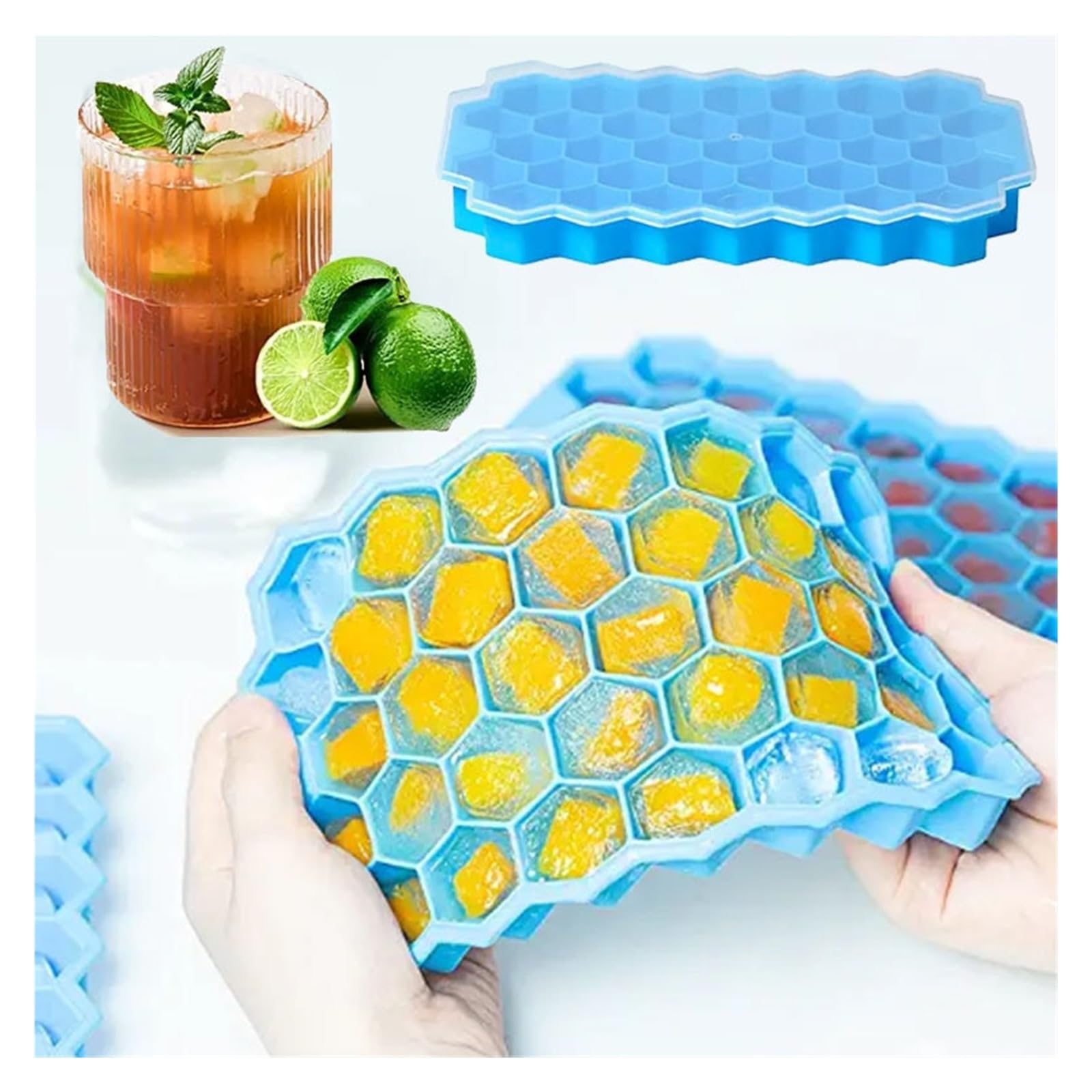 Ice Cube Tray 37 Cavity Honeycomb Creative Maker Bandejas Reutilizables Molde de Silicona Molde de Hielo sin BPA con Tapas extraíbles (Color : GreenWithCover)