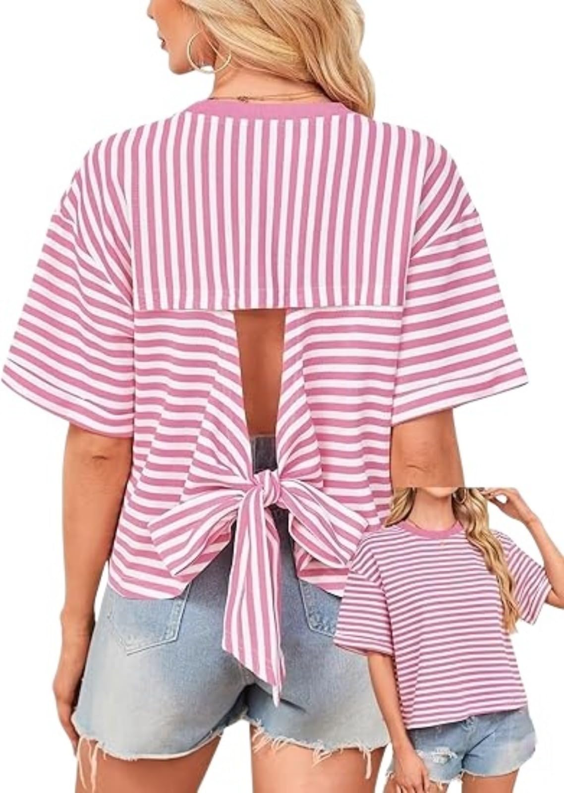 T-shirt ample avec nœud au dos et découpe originale à rayures