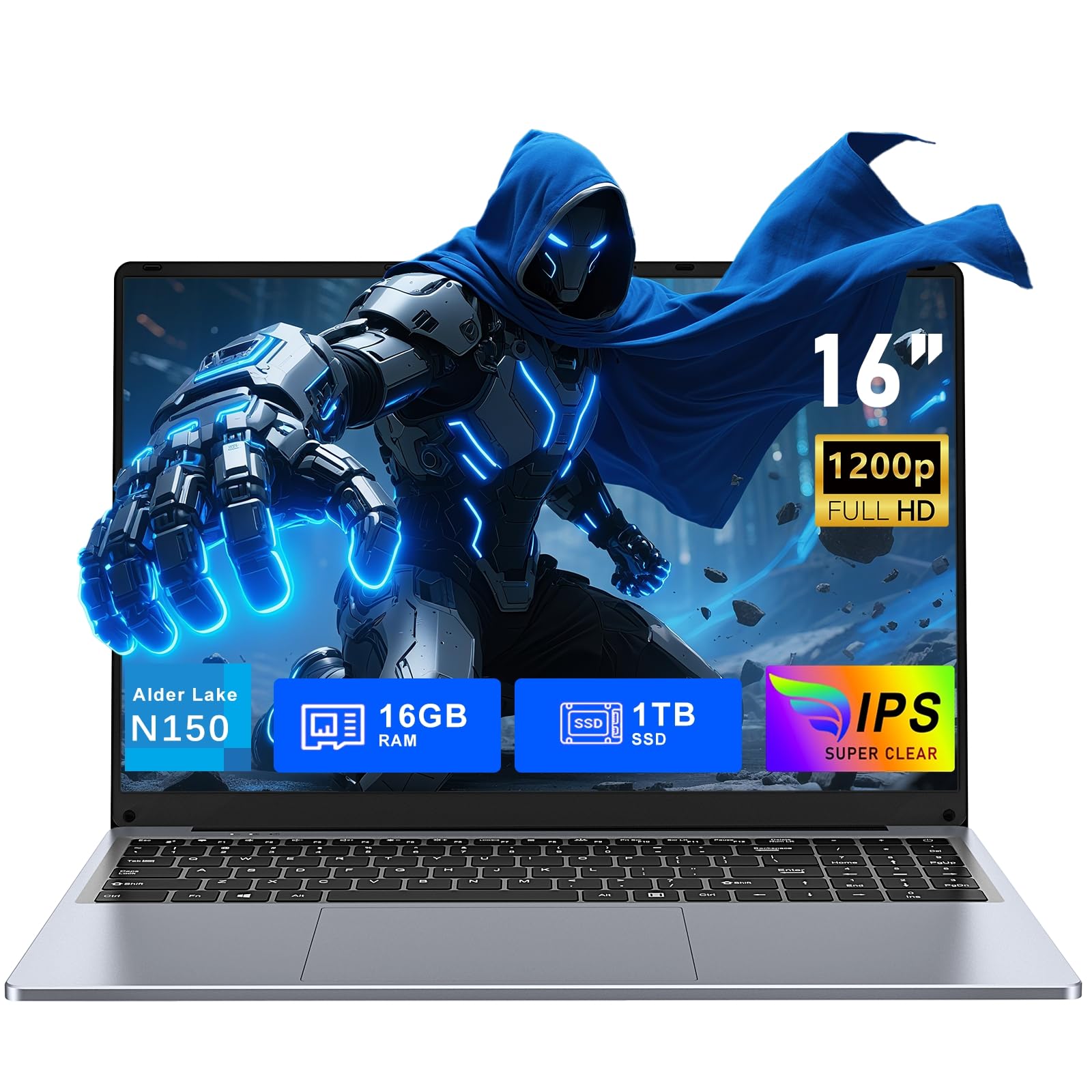 FUNYET Computer portatile da 16 pollici Gaming Laptop, 16 GB di RAM, 1 TB di SSD, Win 11 Pro Notebook, PC portatile Processore N150 (fino a 3,6 GHz), 6000 mAh, FHD 1920 x 1200, tastiera