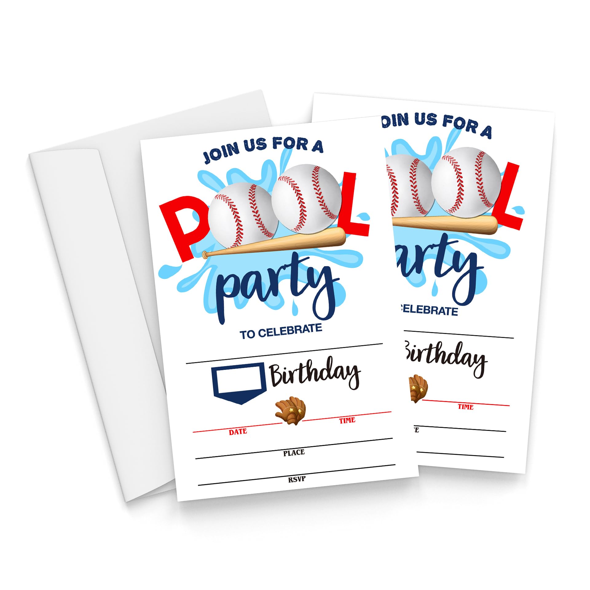 Qiwog Baseball Pool Birthday Invitations with Envelopes - 20 Pieces Kids Birthday Party Invitations for Boys and Girls - Summer Birthday Party