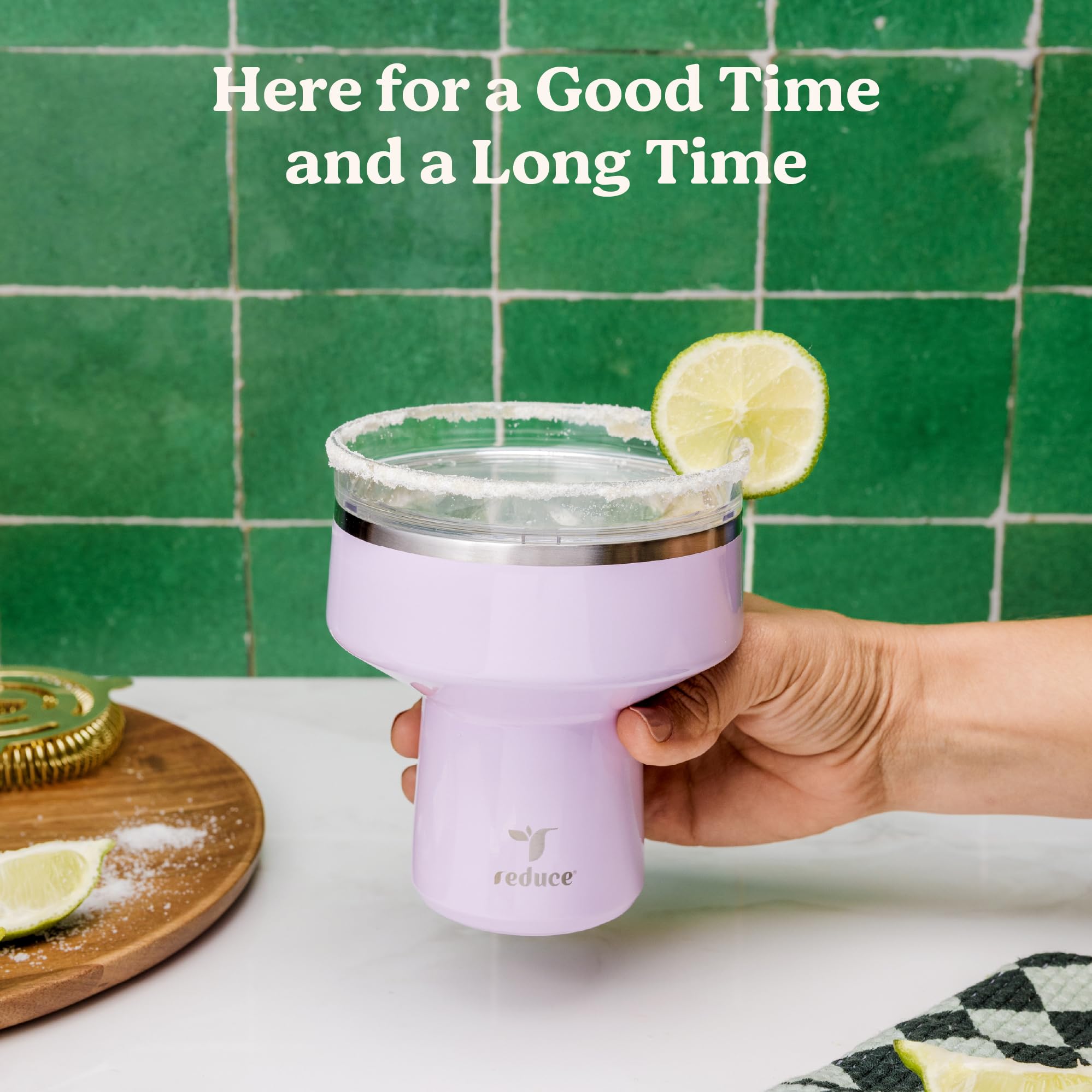 REDUCE Saltini 16 oz Cocktailbecher - isolierter Margarita-Becher mit Deckel - Hält Getränke 10 Stunden lang kalt - 360 schlürfbarer Martiniglas-Alternative - Bruchsicher, perfekt für Partys