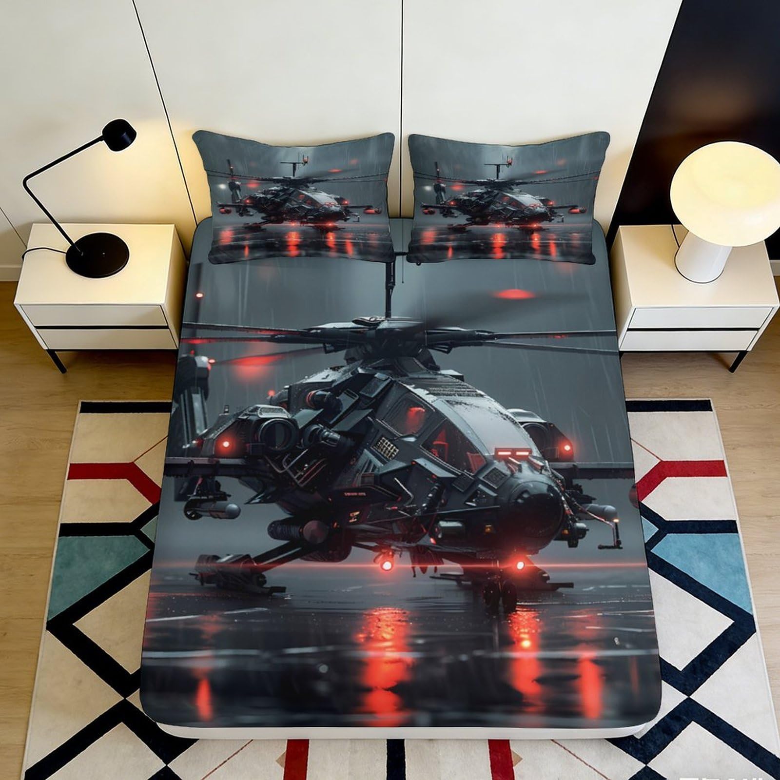 3D Printed Military Helicopter Fitted Sheet Microfiber Soft Breathable Tactical Aircraft Bed Cover for Bedroom Dormitory Guest Room Mattress Protection Decor 120x200x25cm
