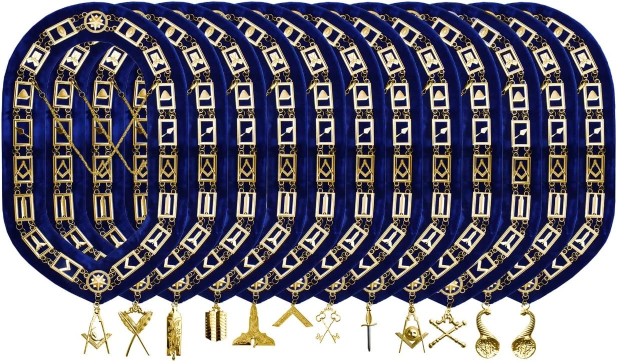 MASONIC & Regalia BLUE LODGE CHAIN COLLAR WITH OFFICER JEWELS GOLDEN 12 PCS