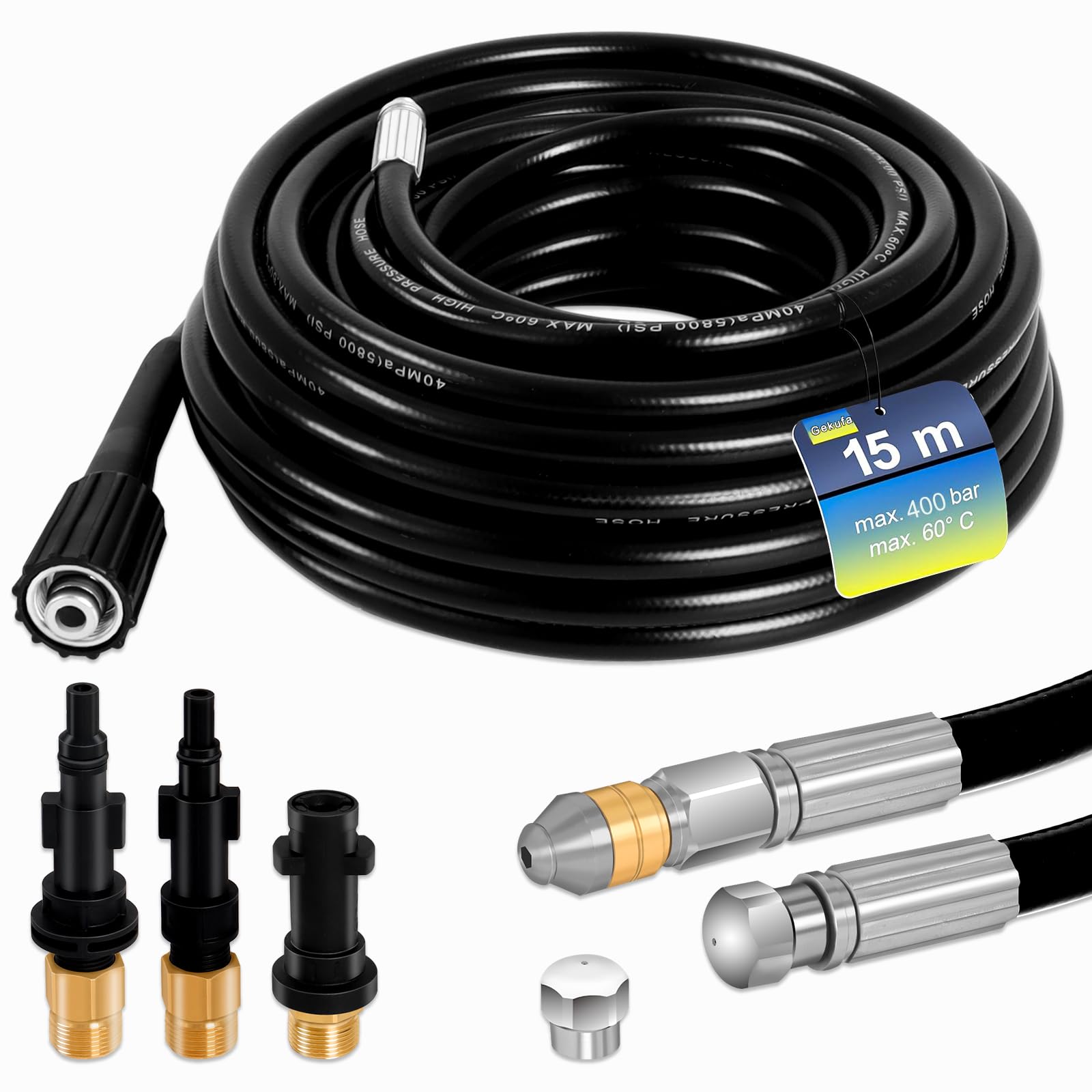 Gekufa Manguera Hidrolimpiadora 15m, 400 bar inkl. Manguera Desatascador Tuberias Compatible con Kärcher, Parkside, Lavor, Bosch, Adecuado para Limpiar Bajantes