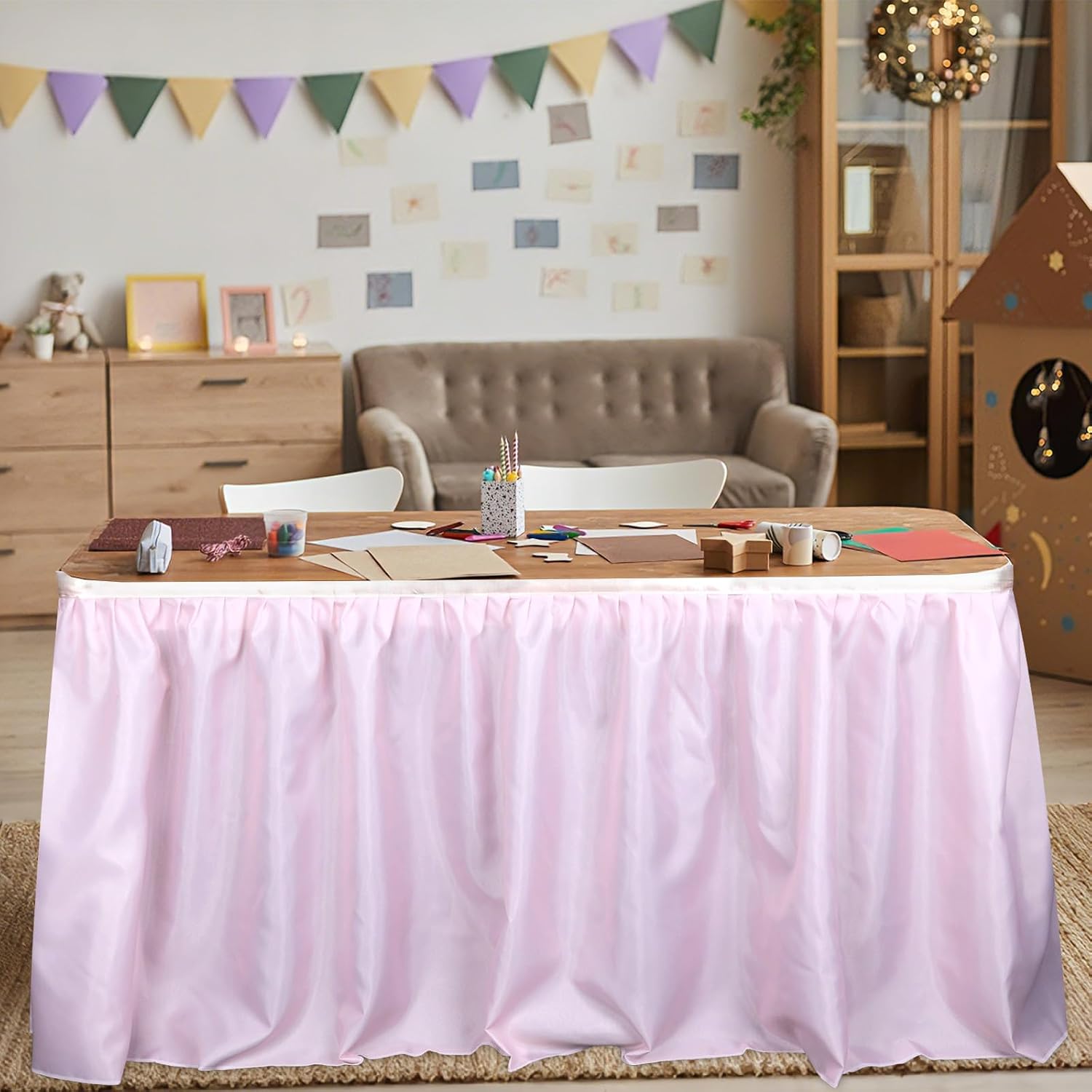 9 Ft Pastel Table Skirt Cloths for Teacher Desk Back to School Classroom Decor Wrinkle Resistant Pleated Ruffle Table Cover Skirt for Kindergarten Preschool Office Birthday Party Supplies (Style 6)