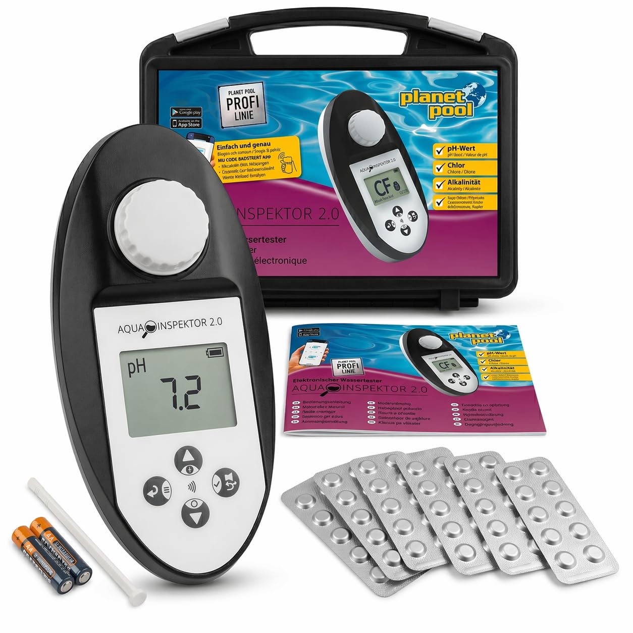 poolomio® Pooltester Digital mit NFC & App - Wassertester 11 Parameter | Messgerät für Pool, Whirlpool & Spa, misst Chlor, pH, Brom, Alkalinität u.v.m., IPX7 wasserdicht, inkl. Reagenztabletten