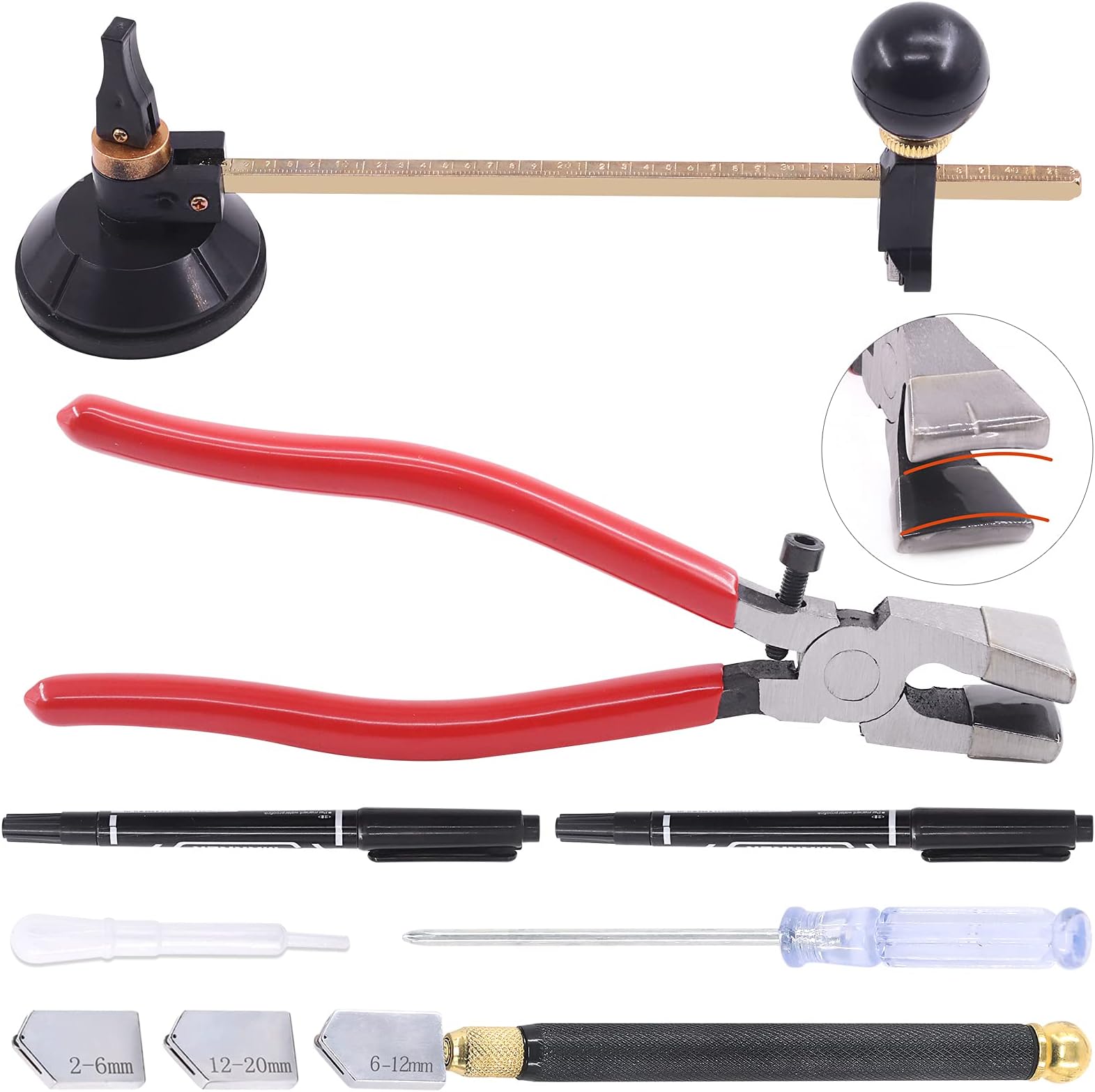 Tanstic 5Pcs 40cm/16inch Adjustable Circular Glass Cutter with Round Knob Handle and Suction Cup with Glass Running Plier and Glass Cutter for Glass Cutting