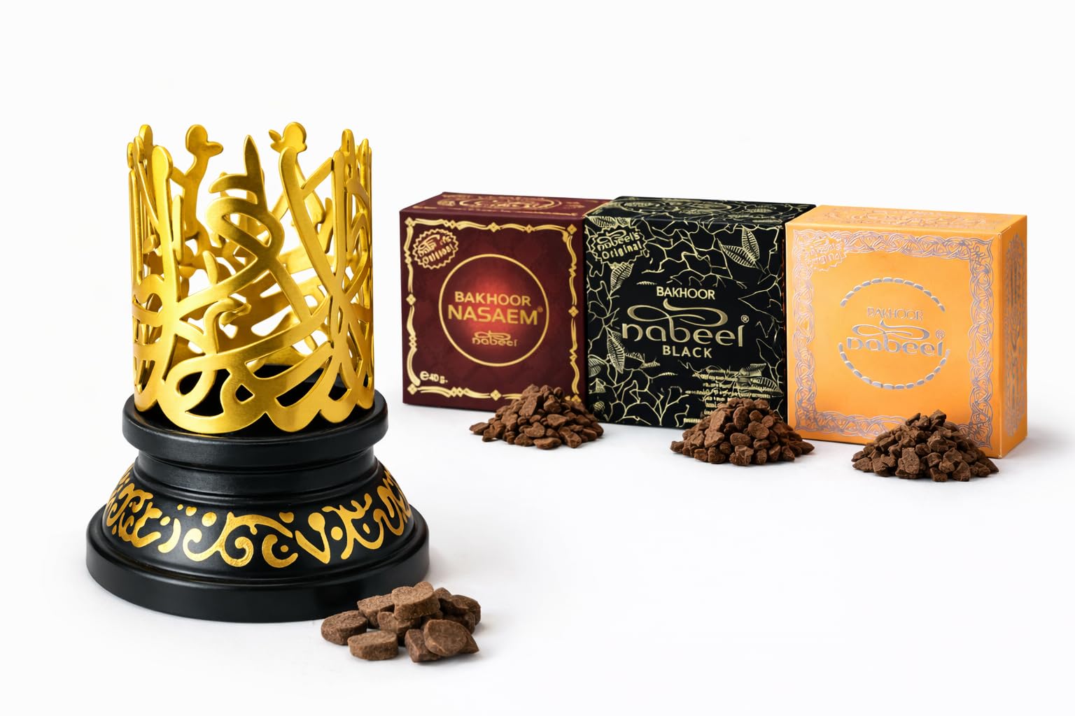 Arabic Calligraphy Bakhoor Incense Burner Set with 3 Nabeel Oudh Bakhoors 40g Each, Gold Black Metal Burner with Nasaem Black Oudh & Oudh Nabeel