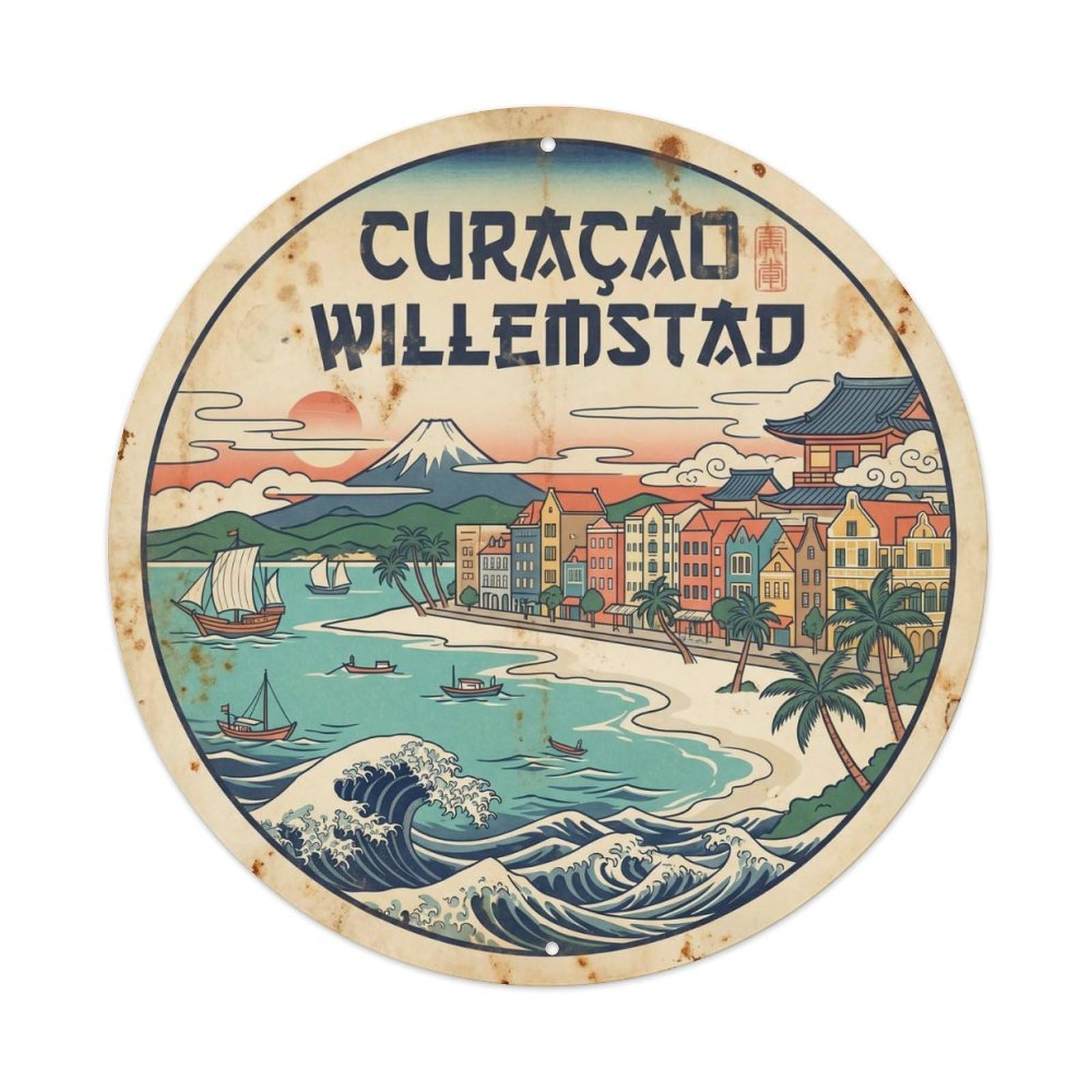 Curacao Willemstad Caribbean Island Woodblock Metal Tin Sign