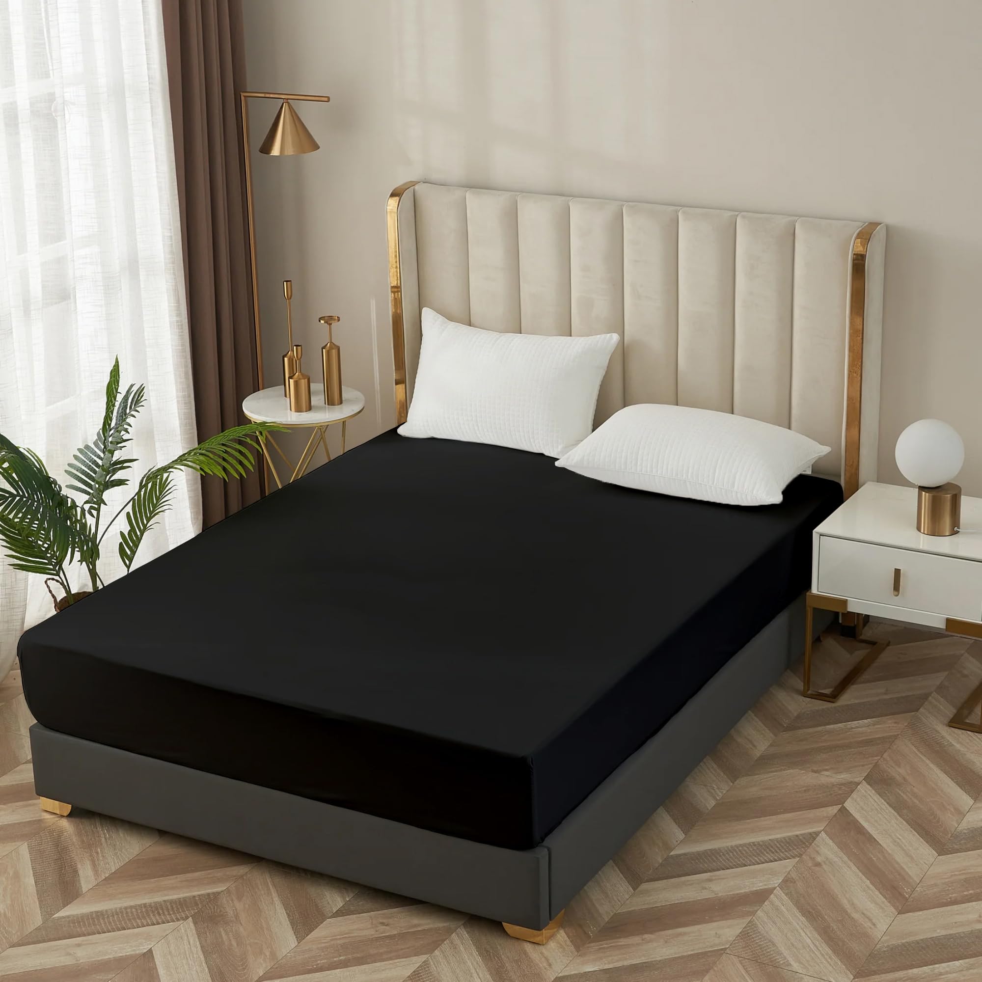 Ray Bedding & Linen 40cm Deep Double Fitted Sheet 100% Egyptian Cotton 400 Thread Count Extra Deep Bed Sheets Super Soft Breathable Hotel Quality (Black)