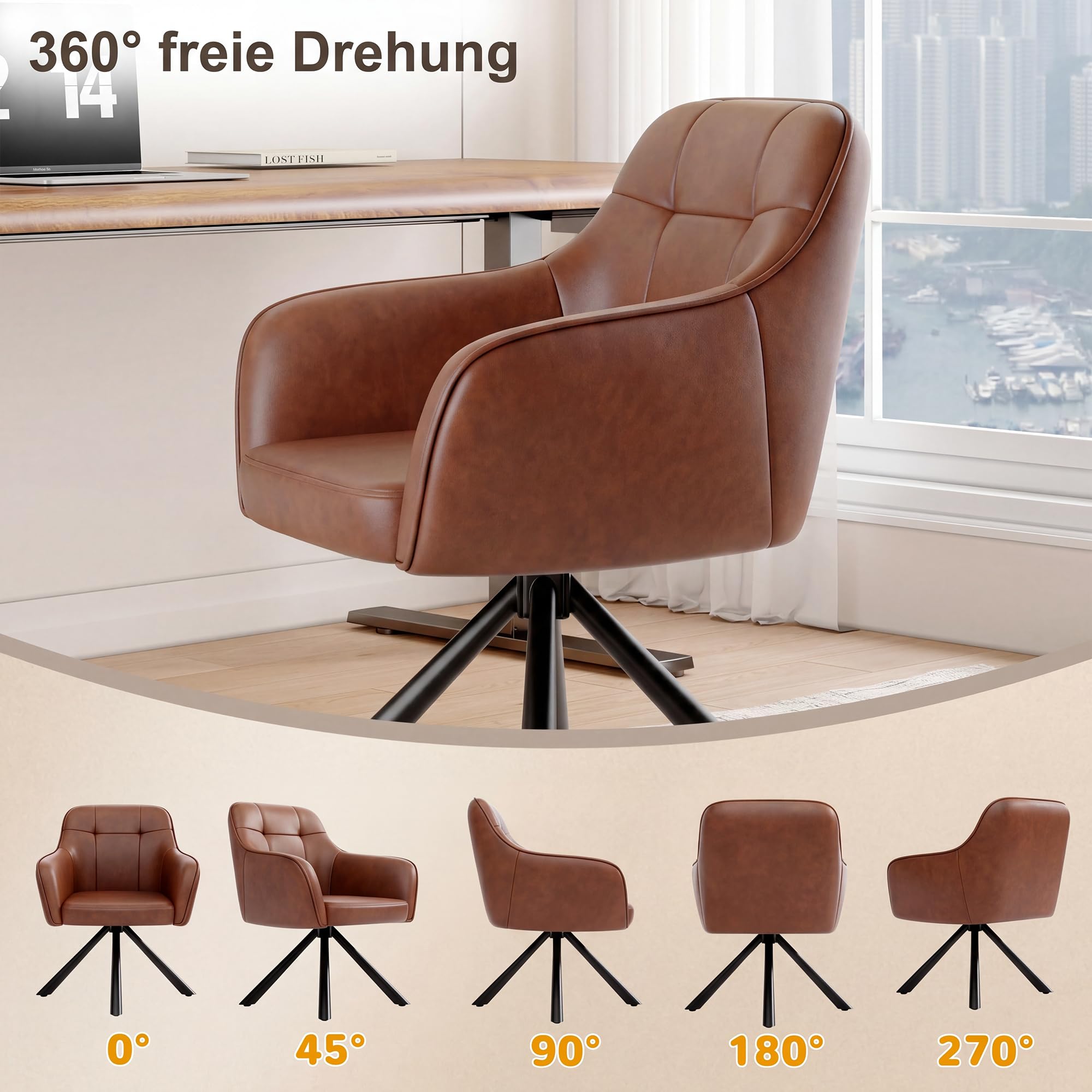 YOUDENOVA Esszimmerstühle 2er Set, 360° Drehbar mit Armlehnen, Cognac Braun